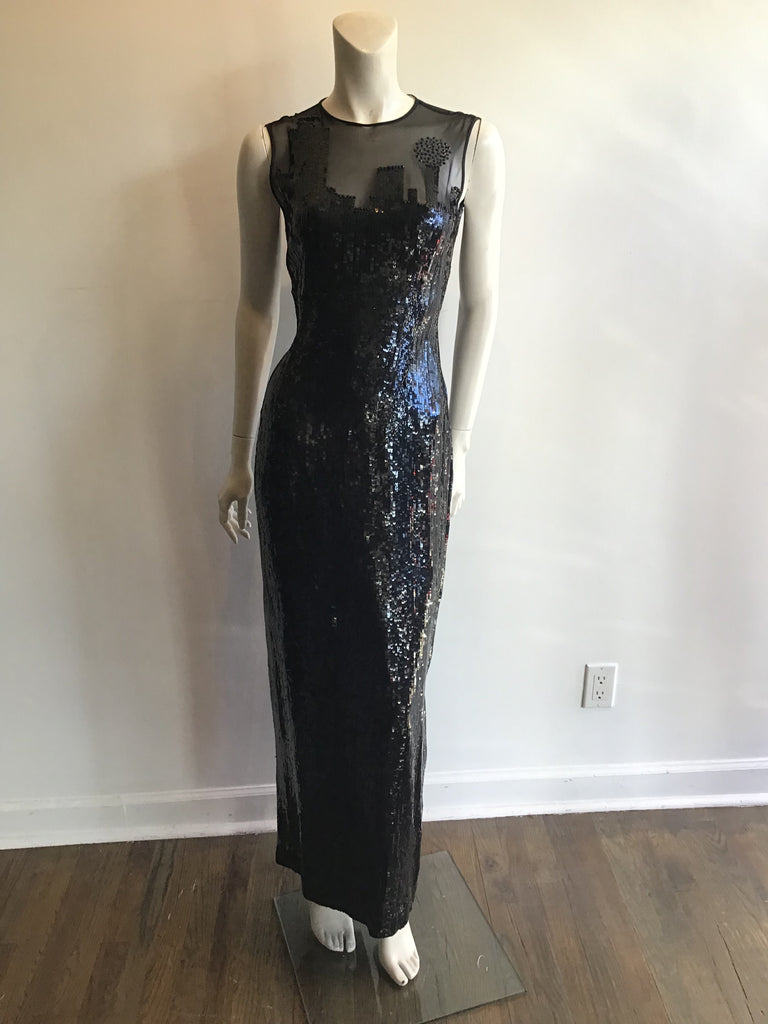 1990s Perry Ellis Black Sequined Silk Gown with Skyscraper motif Size 4-6