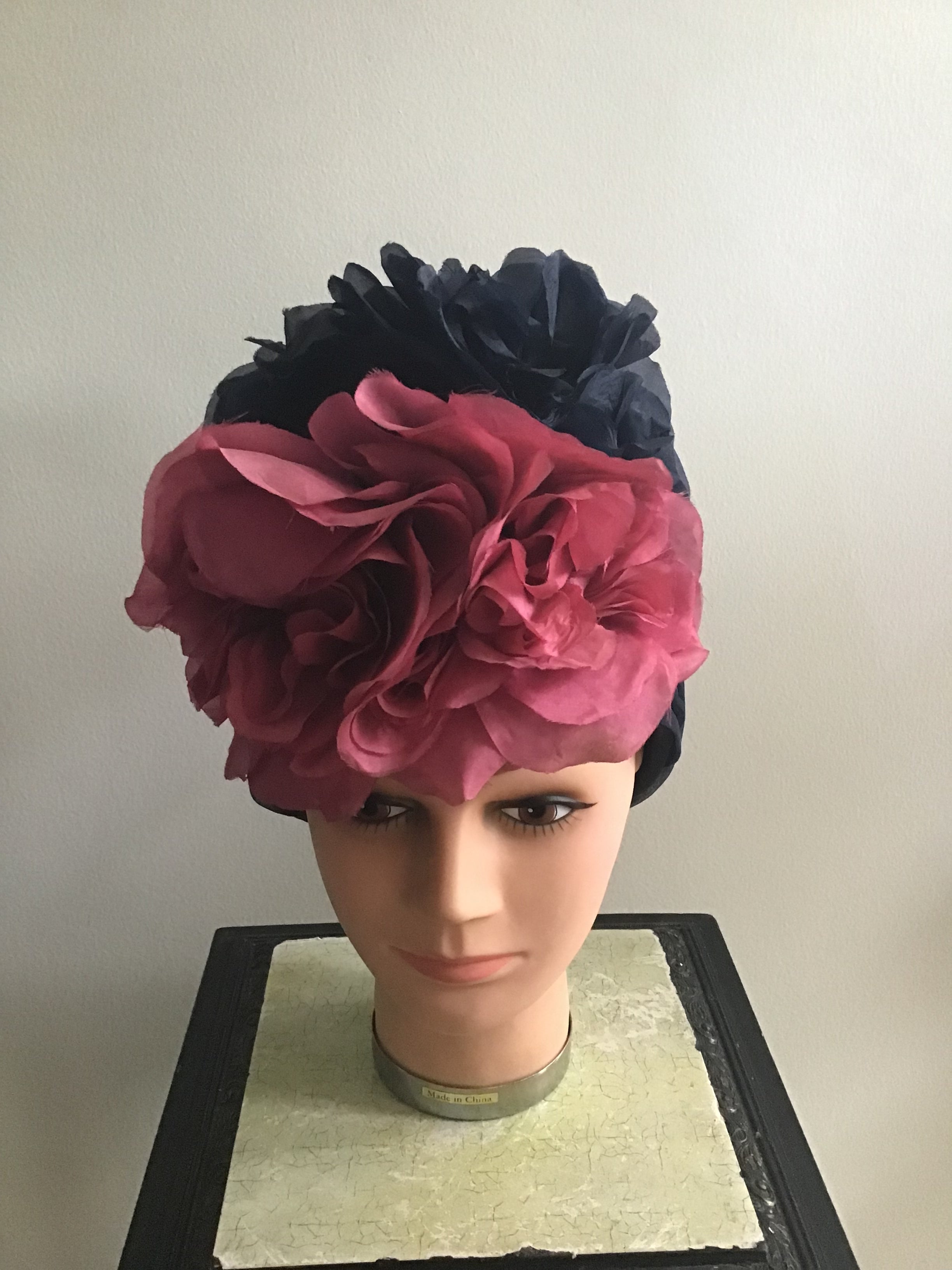1960s Christian Dior New York ,Turban with Raspberry/blk  silk Flowers