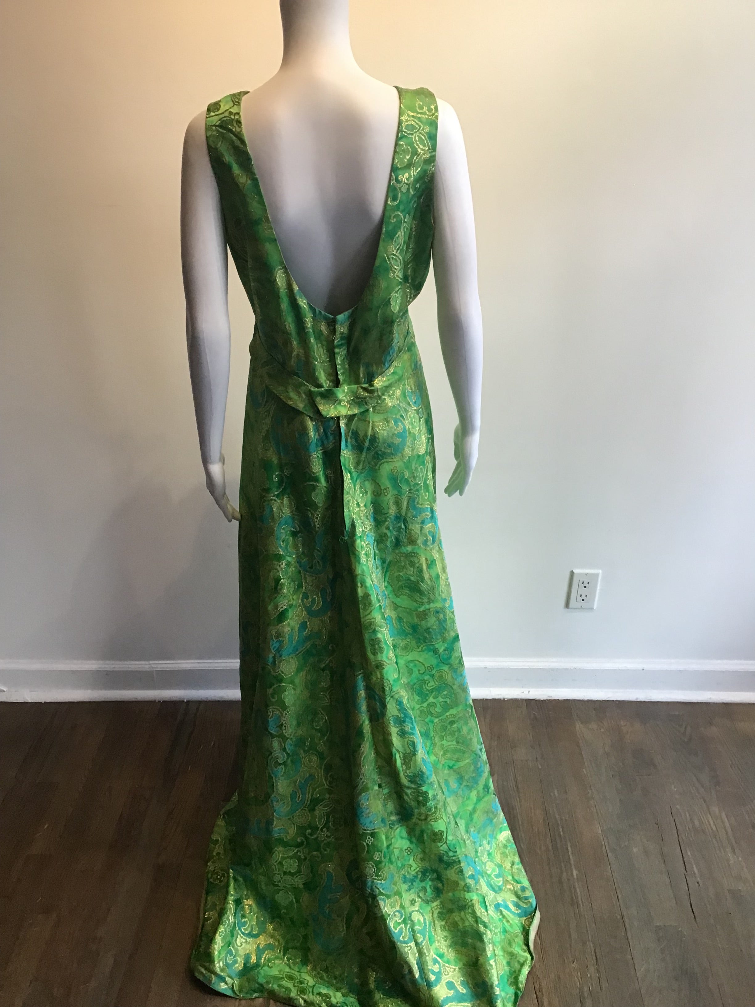 1960’s Phillip Hulitar Green and Gold Lamé Evening Dress Size 10