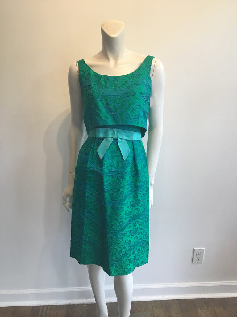 Late 1950s Green and Blue Silk Brocade Cocktail Dress Size 6