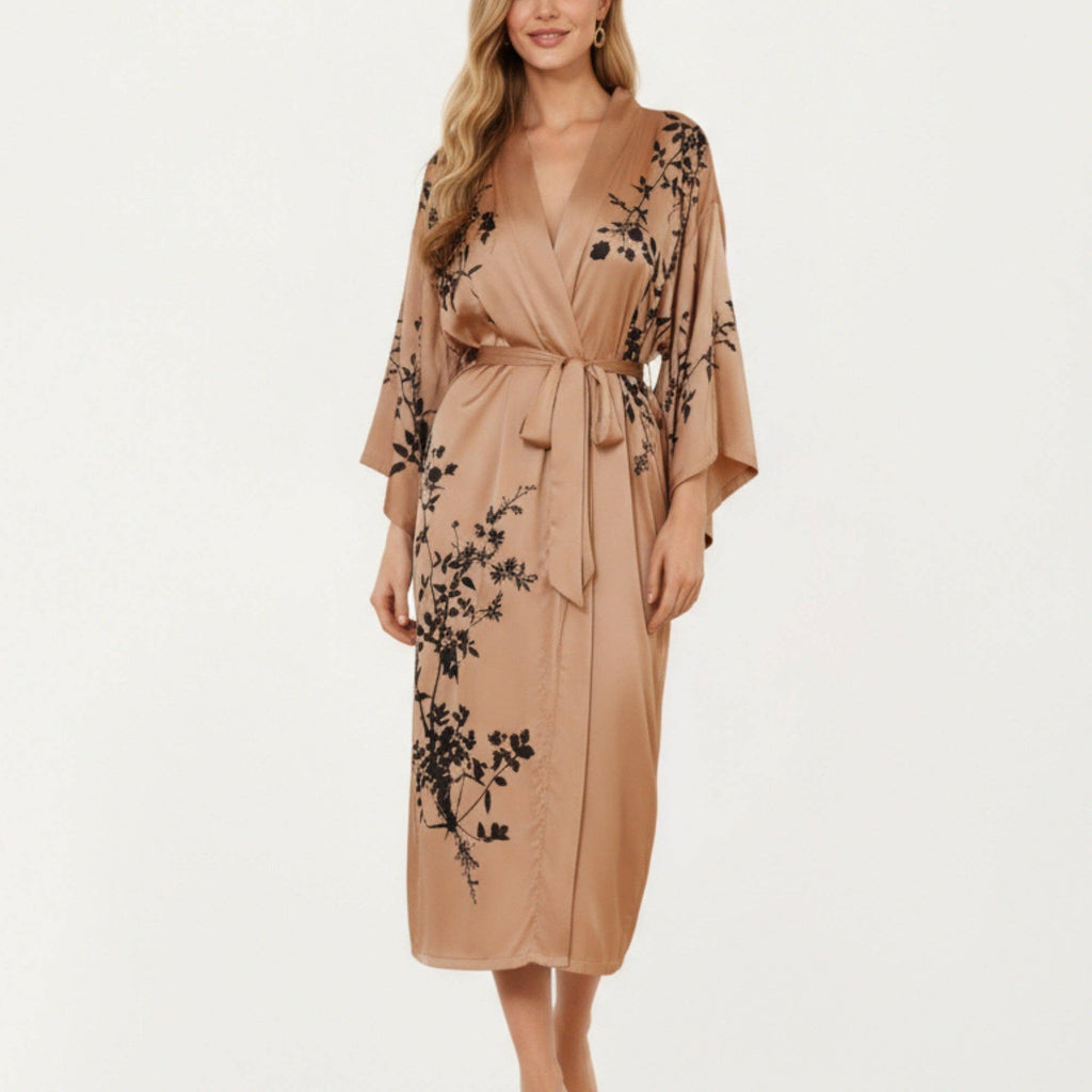 Long Satin Kimono Robe with Tie Waist and Artistic Floral Pr