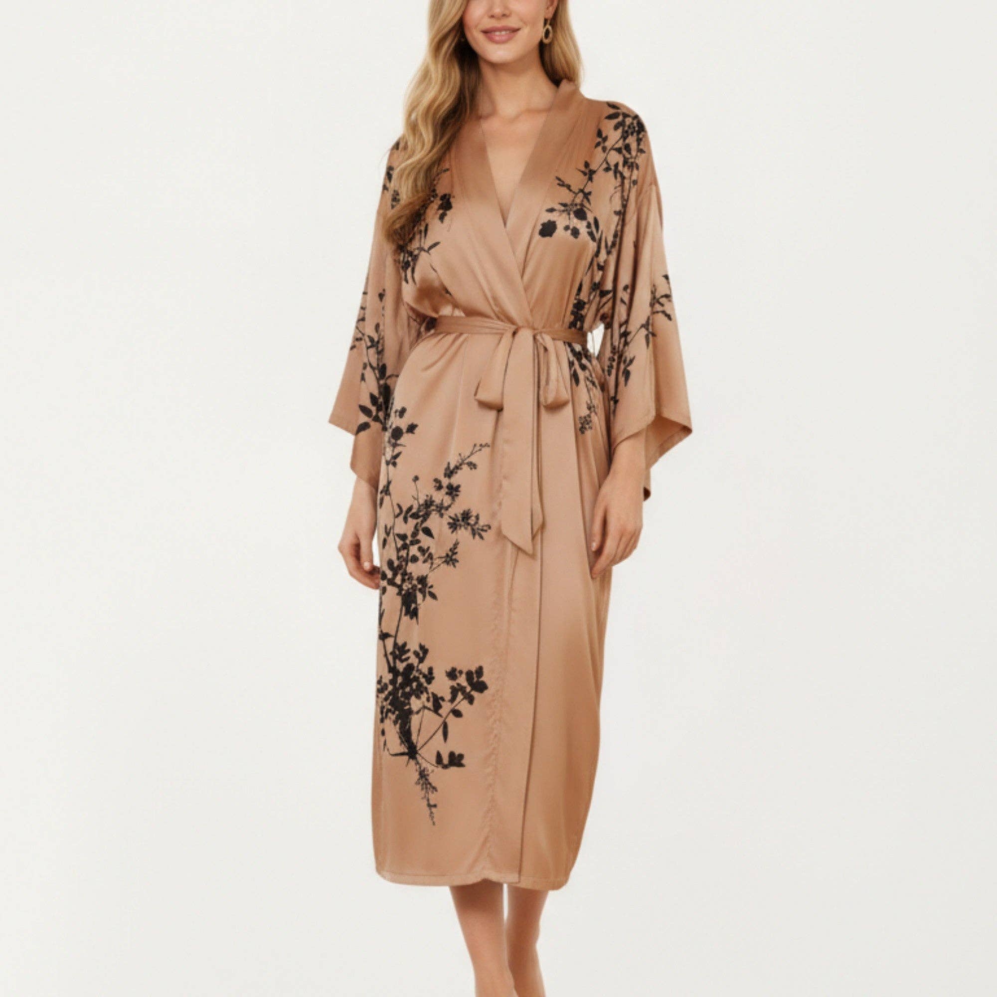 Long Satin Kimono Robe with Tie Waist and Artistic Floral Pr