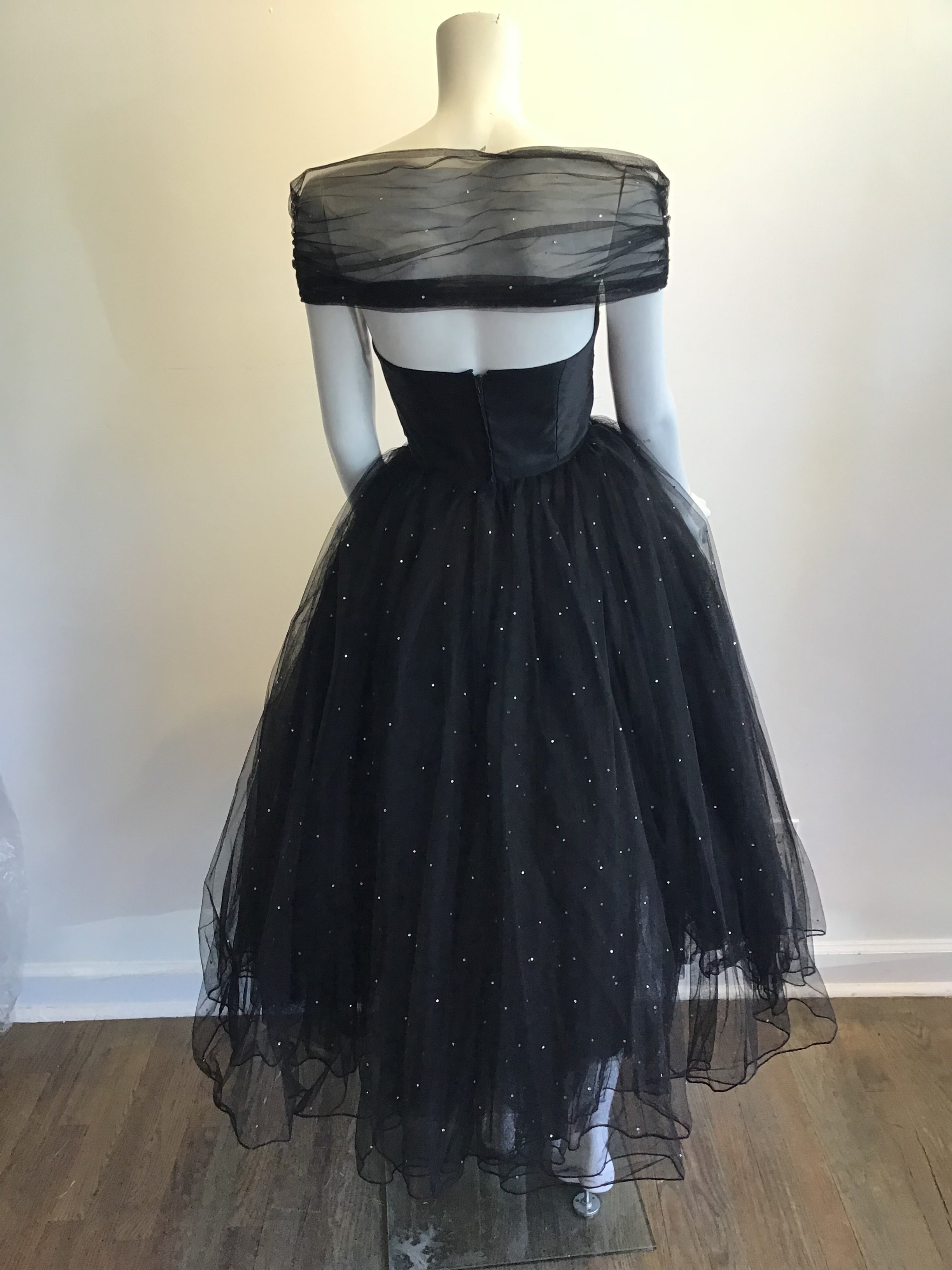 1980s David Fielden Black Tuille Strapless Evening Gown Size 4