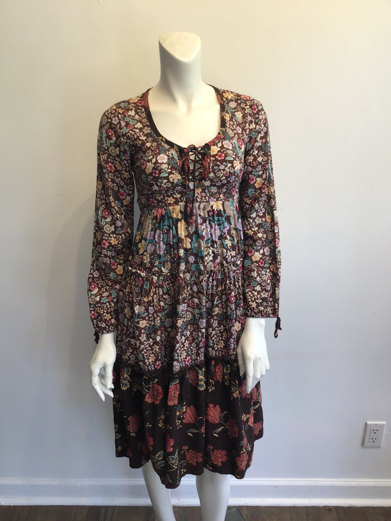 1970s Brown Floral Cotton Dress Size 4