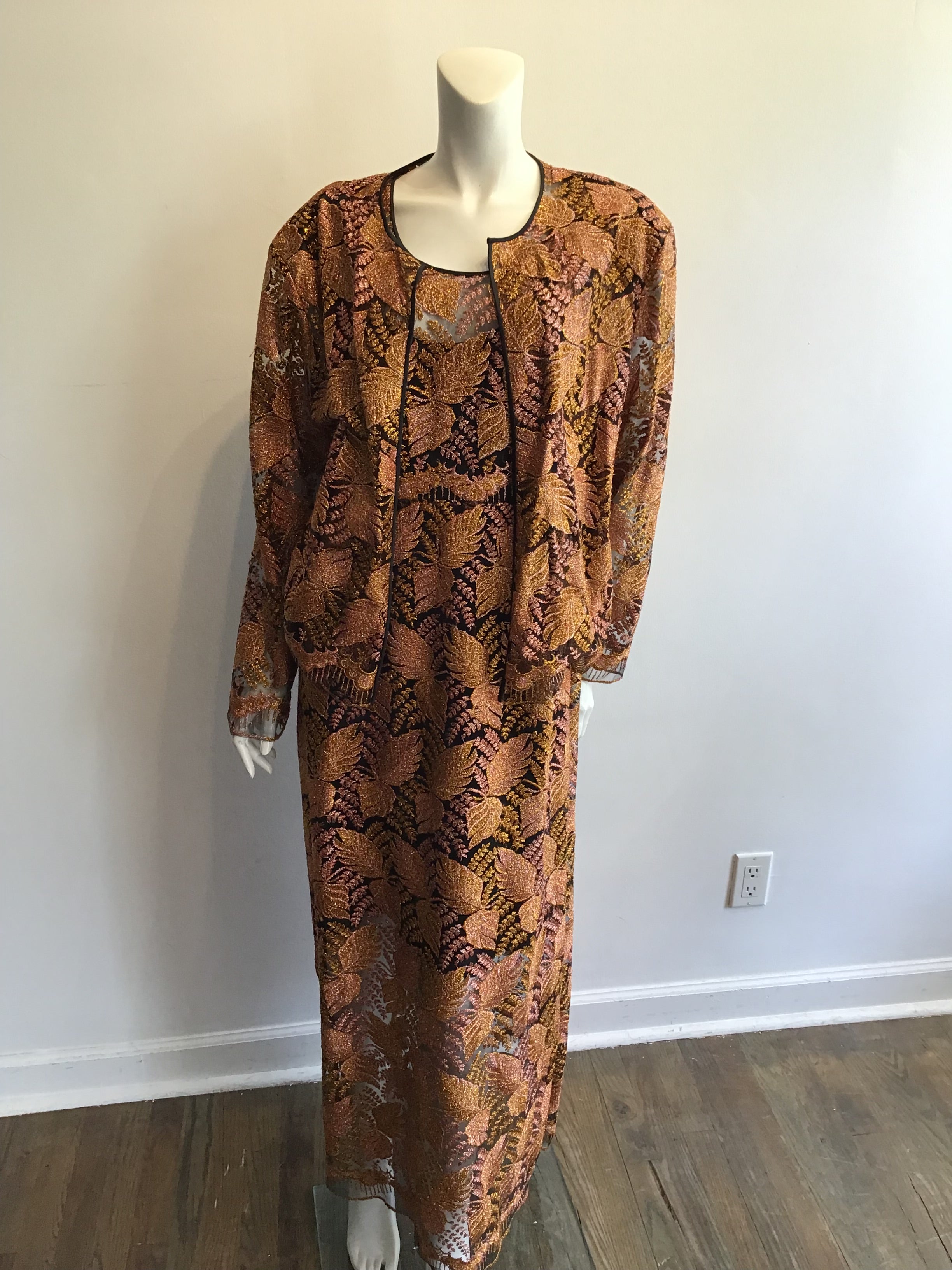 1980’s Copper/Pink Metallic Lace Evening Dress with 2 Jackets. Size 16