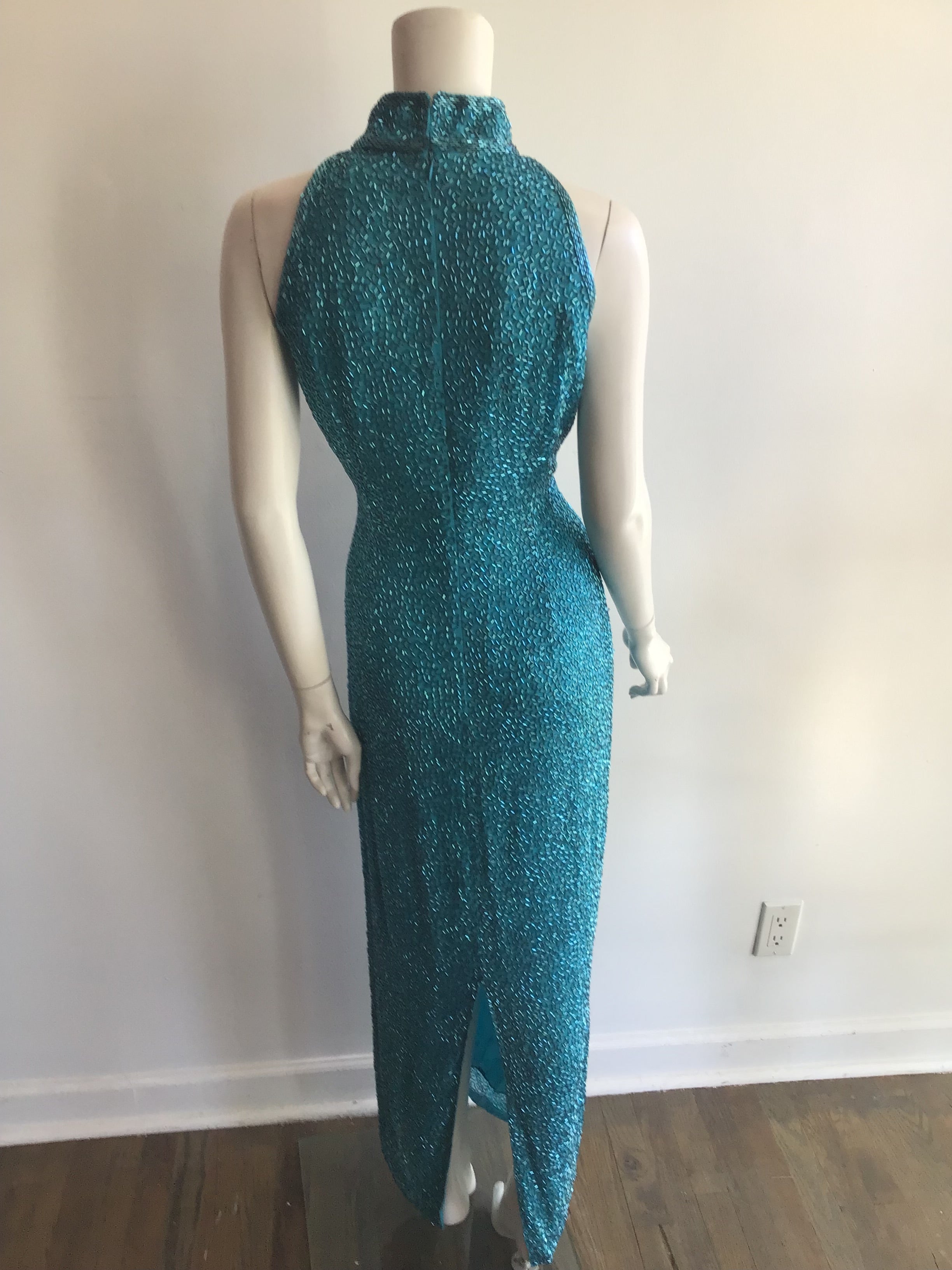 1980s Black Tie by Oleg Cassini Silk Turquoise Entirely Beaded Dress size 10