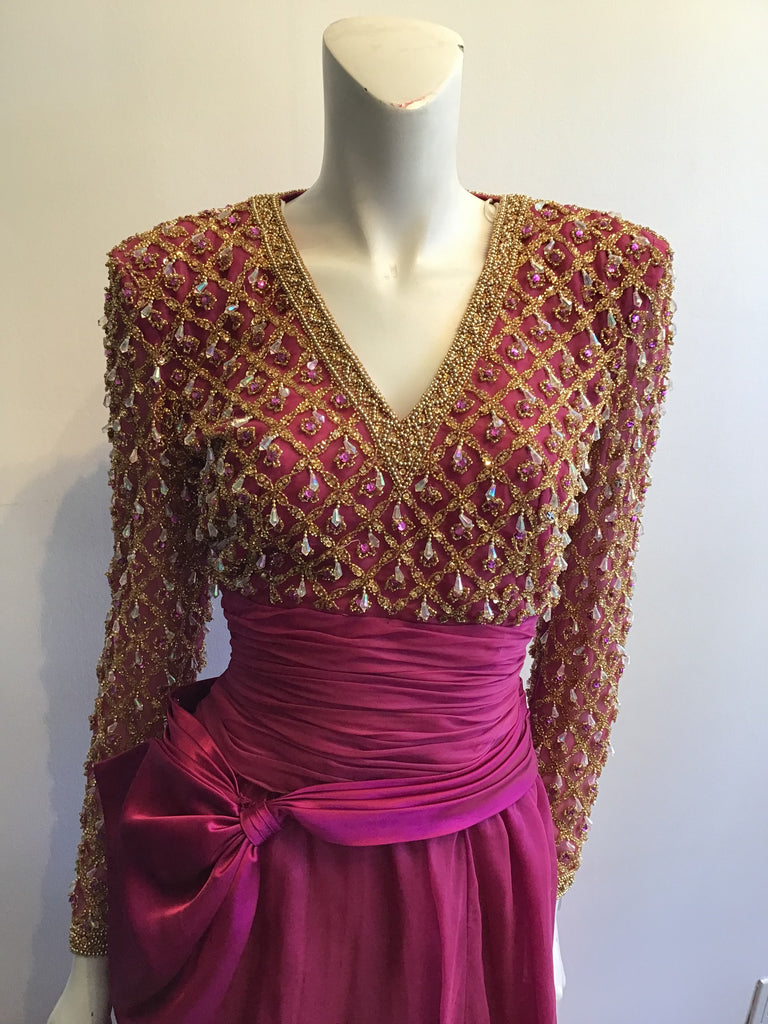 1980’s Cranberry Crepe Beaded Victoria Ltd of Hong Kong Evening Dress Size 8
