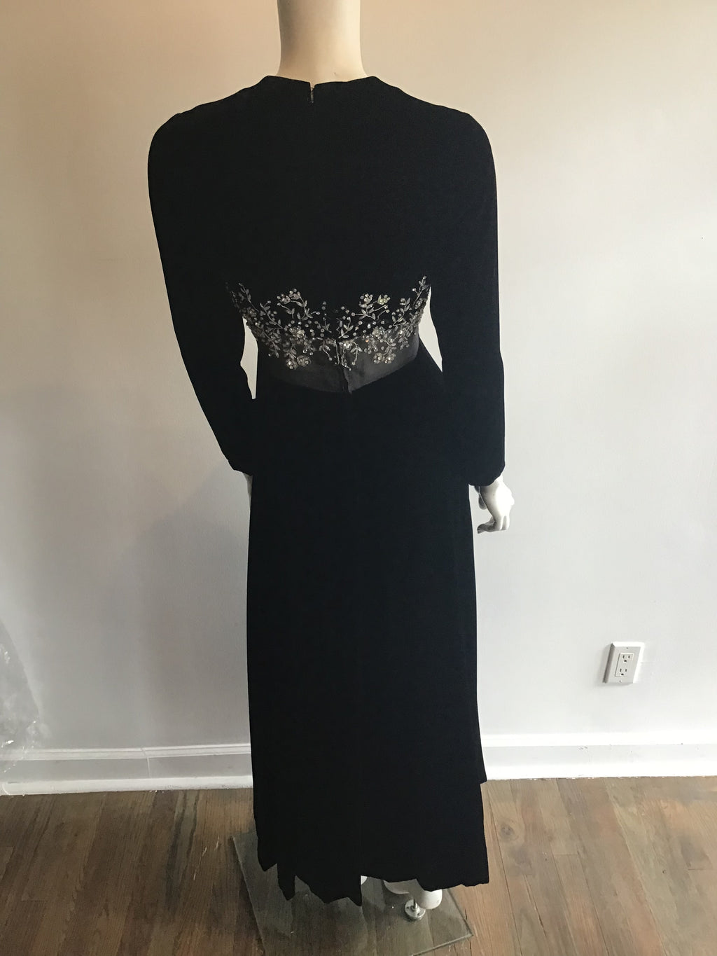 1960's Malcolm Starr Black Silk Velvet Evening Dress with rhinestone and Crystal detailing on bodice illusion waist Size 5/6