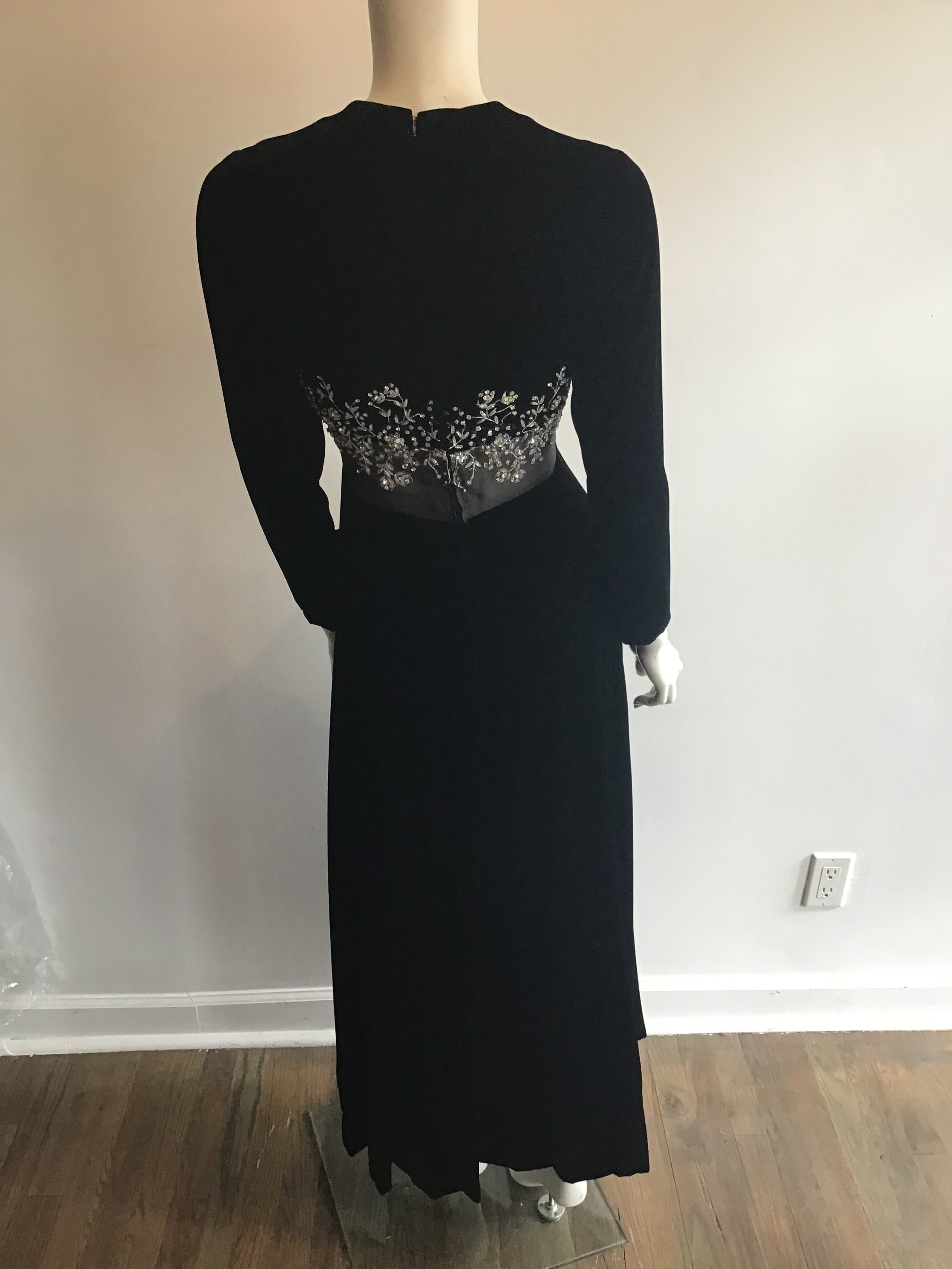 1960's Malcolm Starr Black Silk Velvet Evening Dress with rhinestone and Crystal detailing on bodice illusion waist Size 5/6