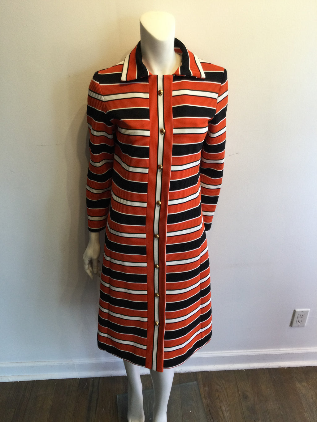 1970’s Orange/Black and white Polyester Striped Spring Coat Size 8