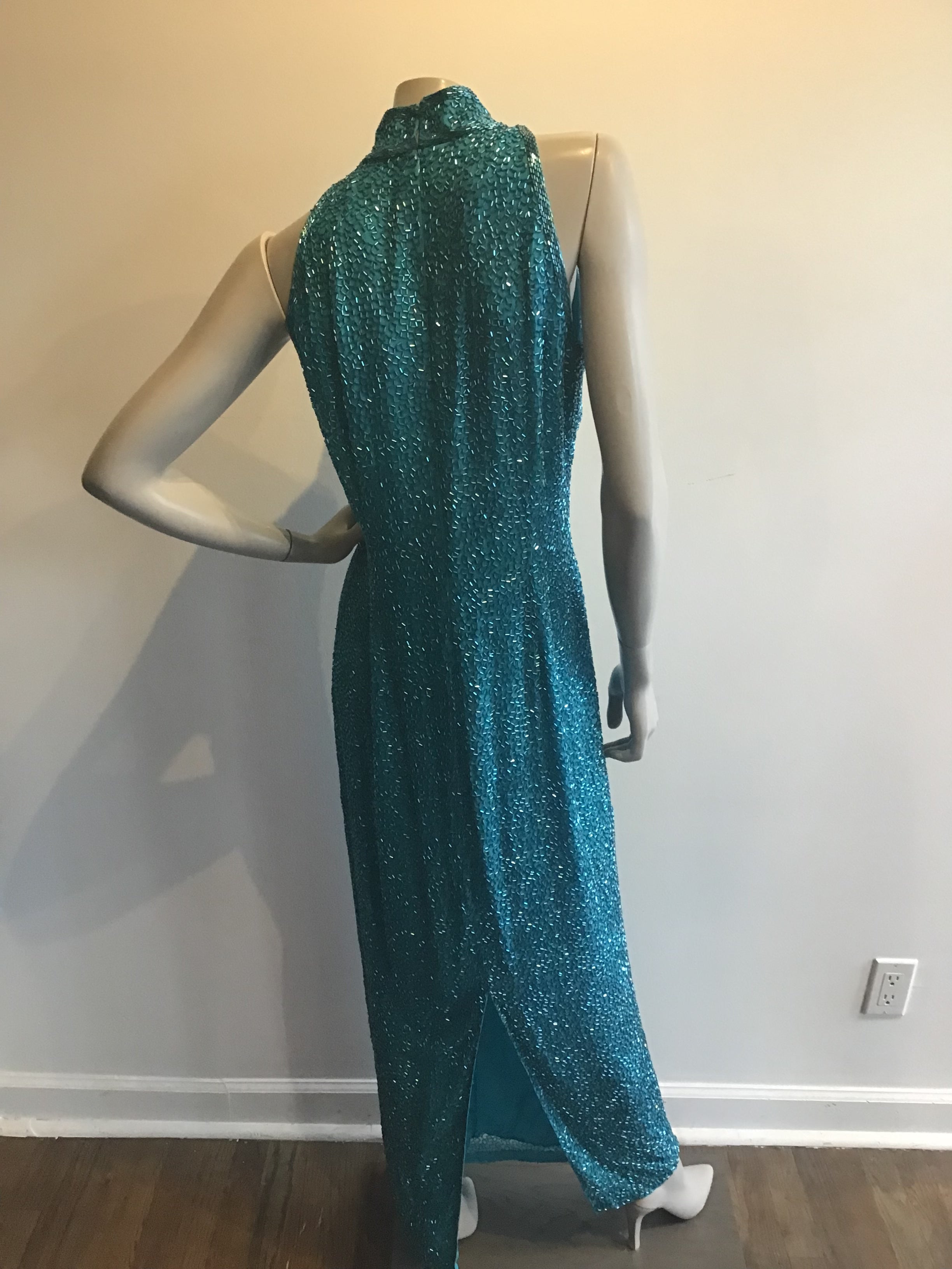 1980s Black Tie by Oleg Cassini Silk Turquoise Entirely Beaded Dress s –  Sophia's Gallery