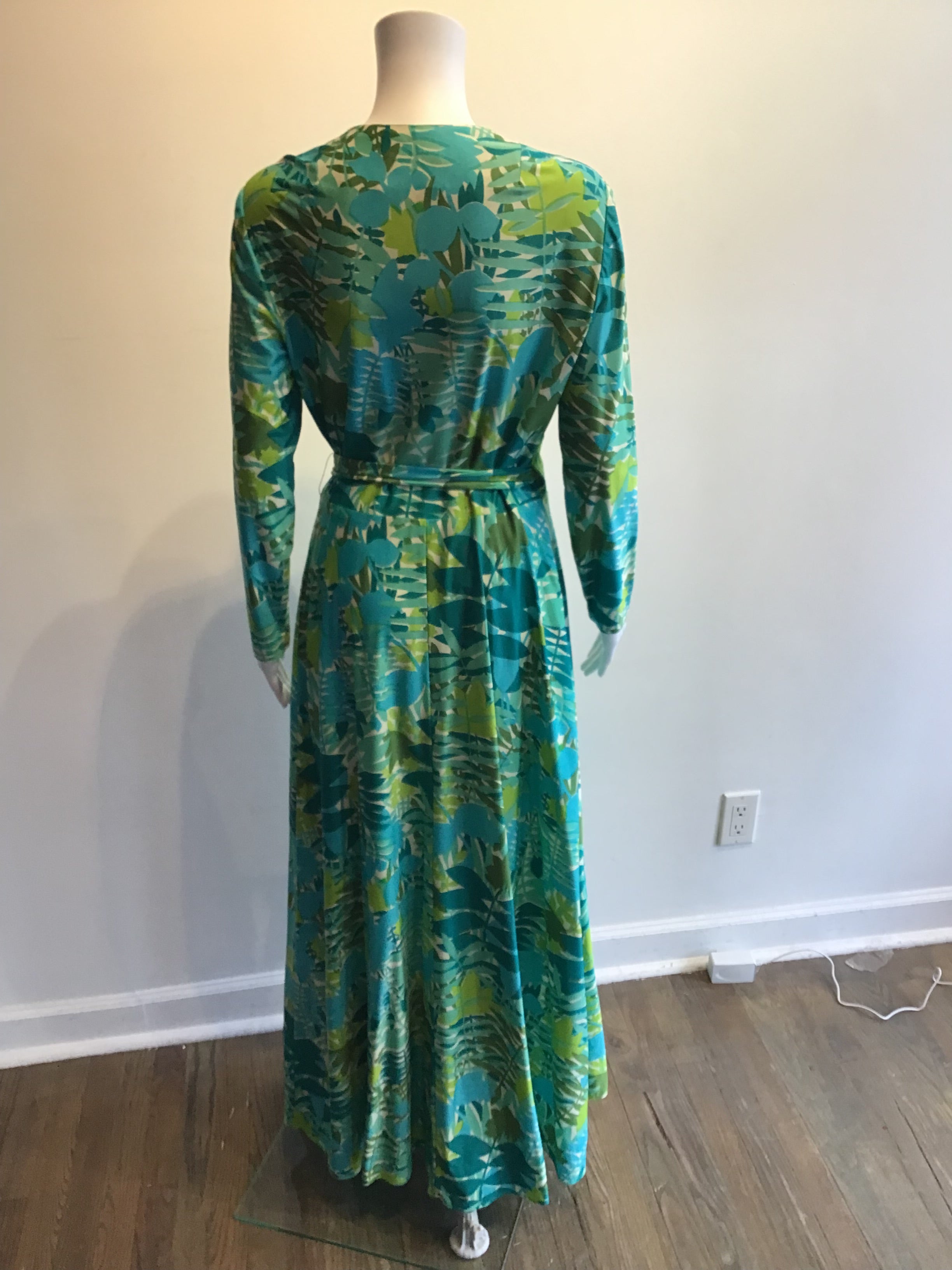 1970’s Rona Turquoise and Green Polyester Maxi Dress Size 8
