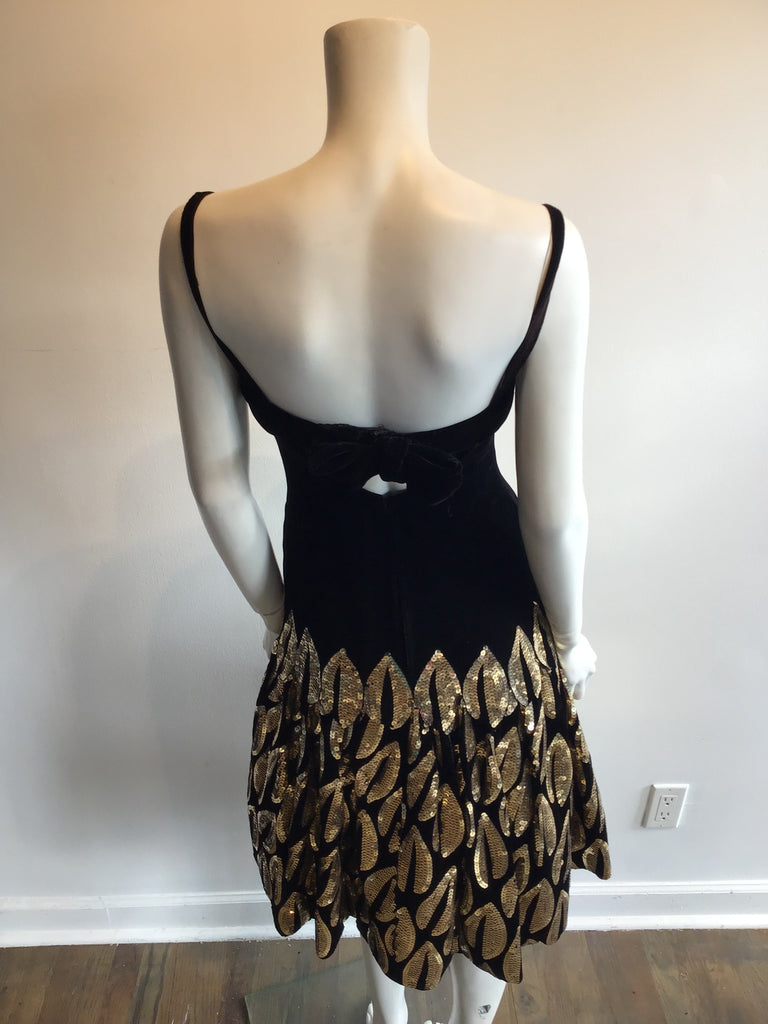 1980svMurray Arbeid Black Silk Velvet Cocktail Dress with Gold Sequins Size 6