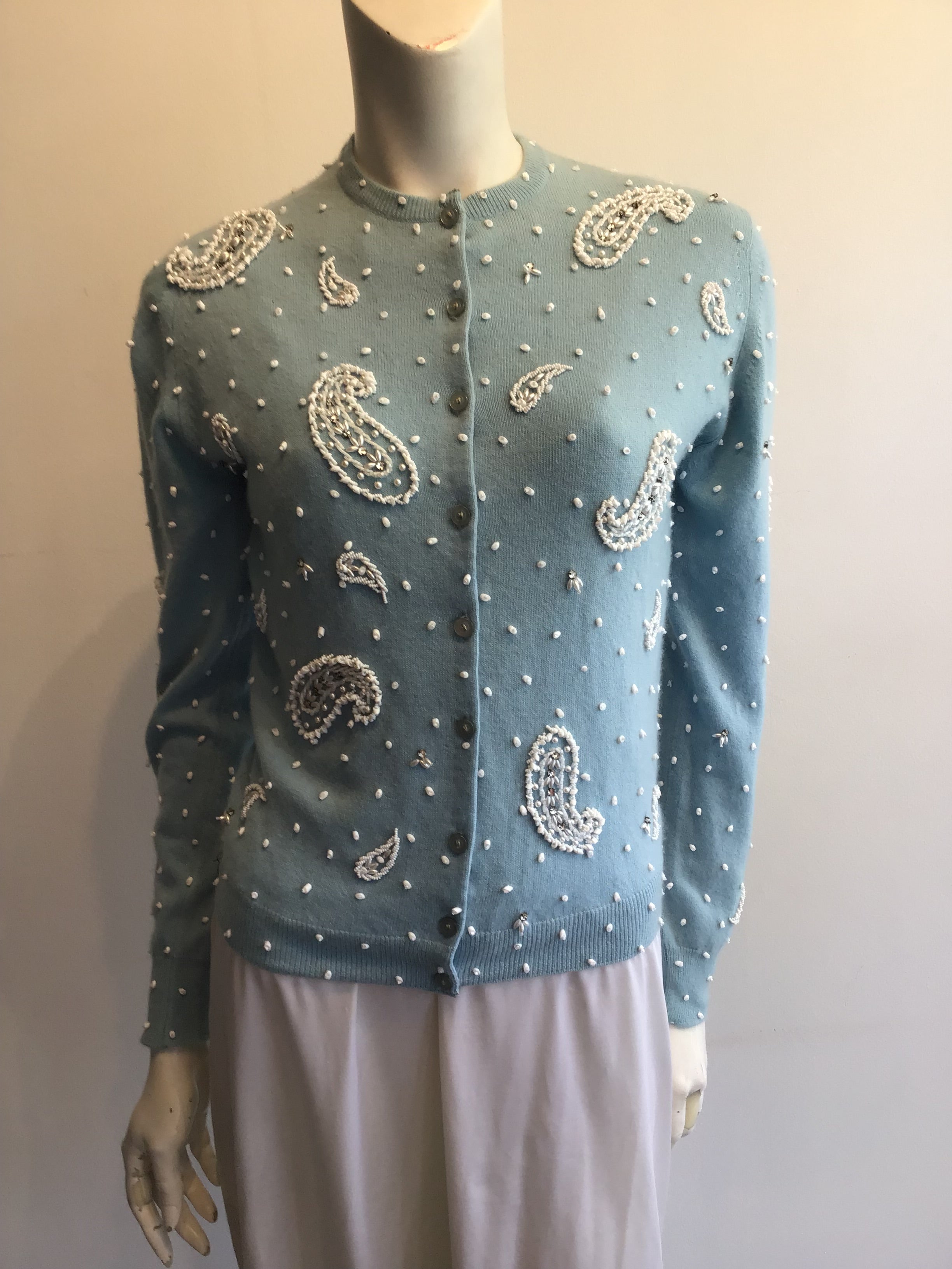 1950’s Light Blue Cashmere Beaded  Sweater Size 6