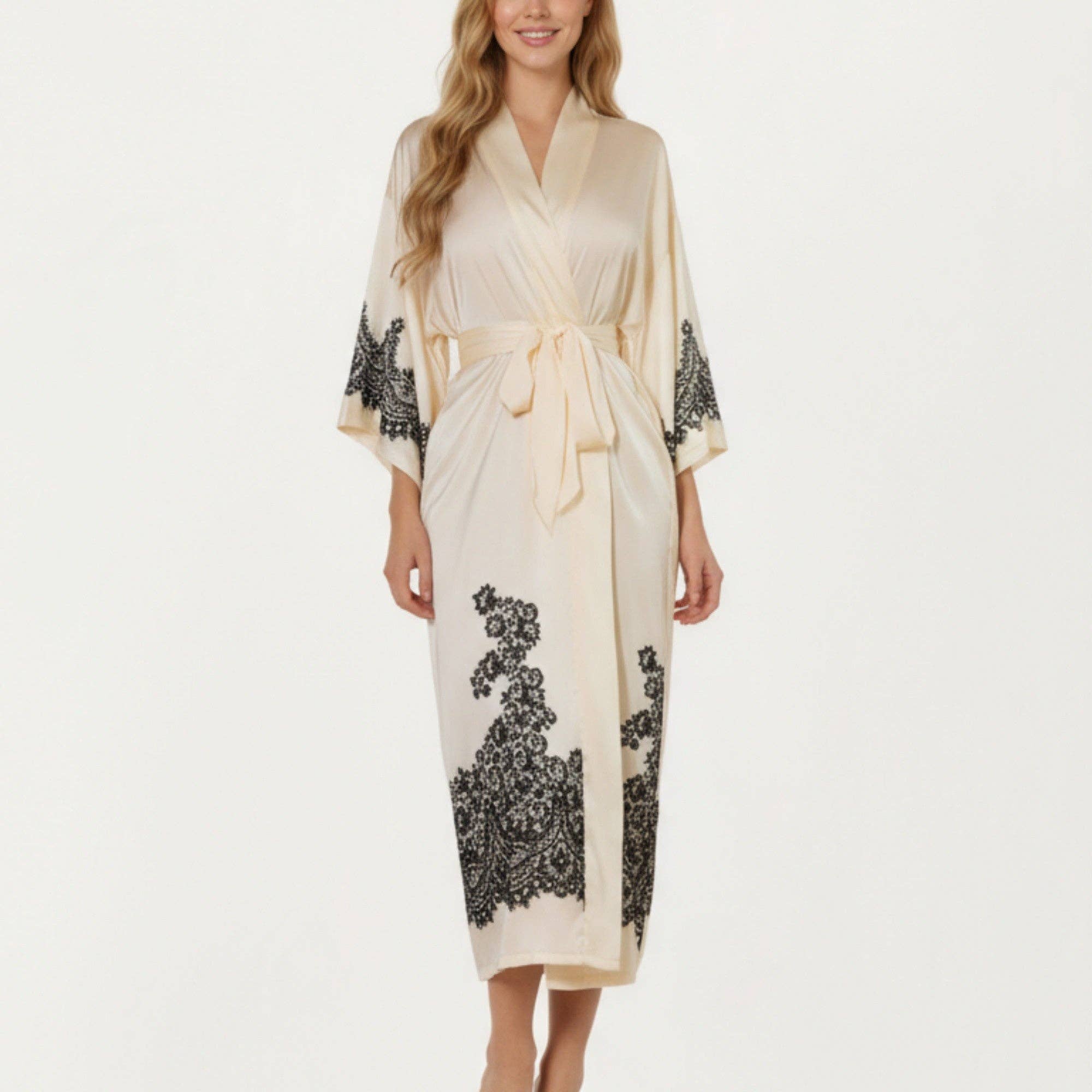 Long Satin Kimono Robe with Tie Waist and Artistic Floral Pr