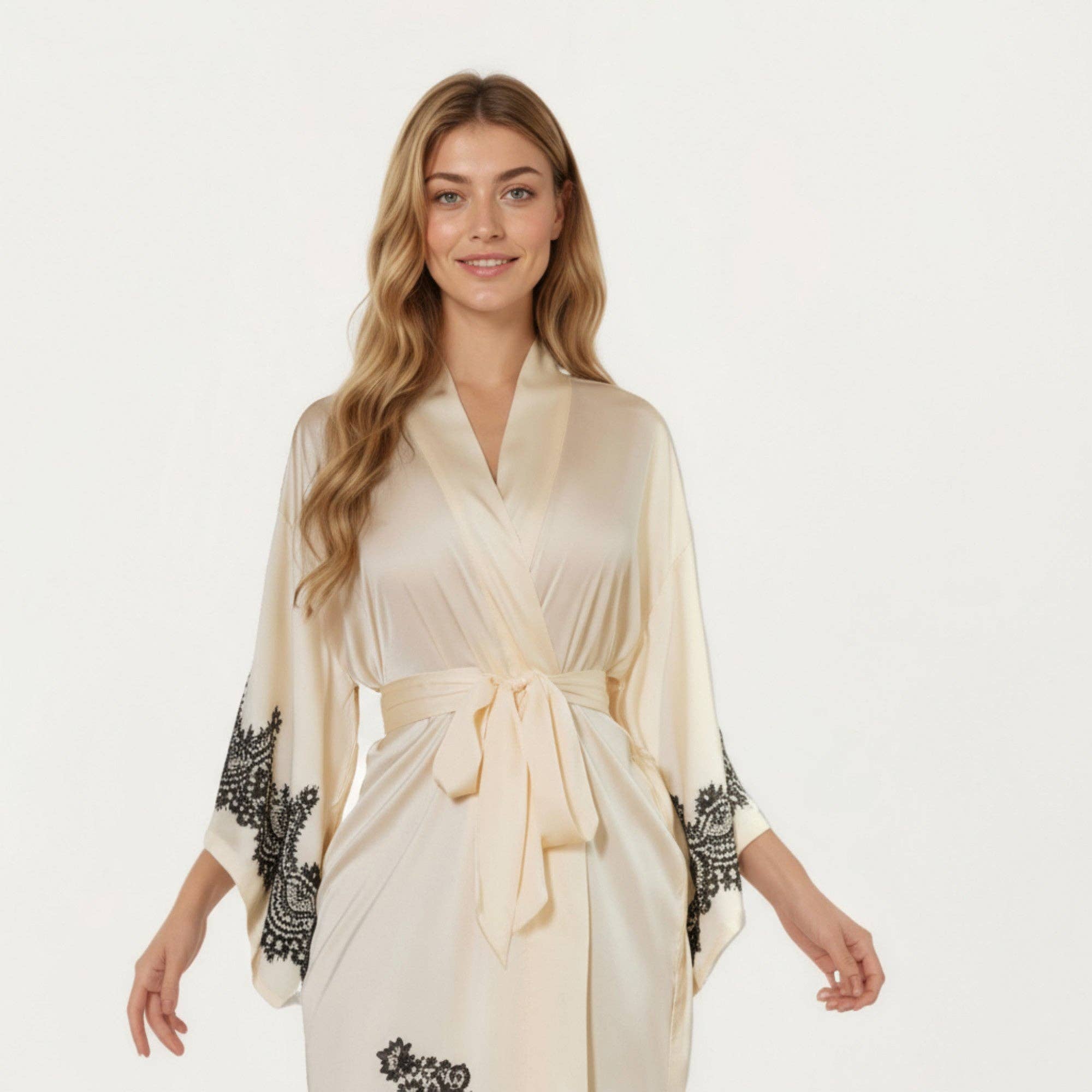 Long Satin Kimono Robe with Tie Waist and Artistic Floral Pr