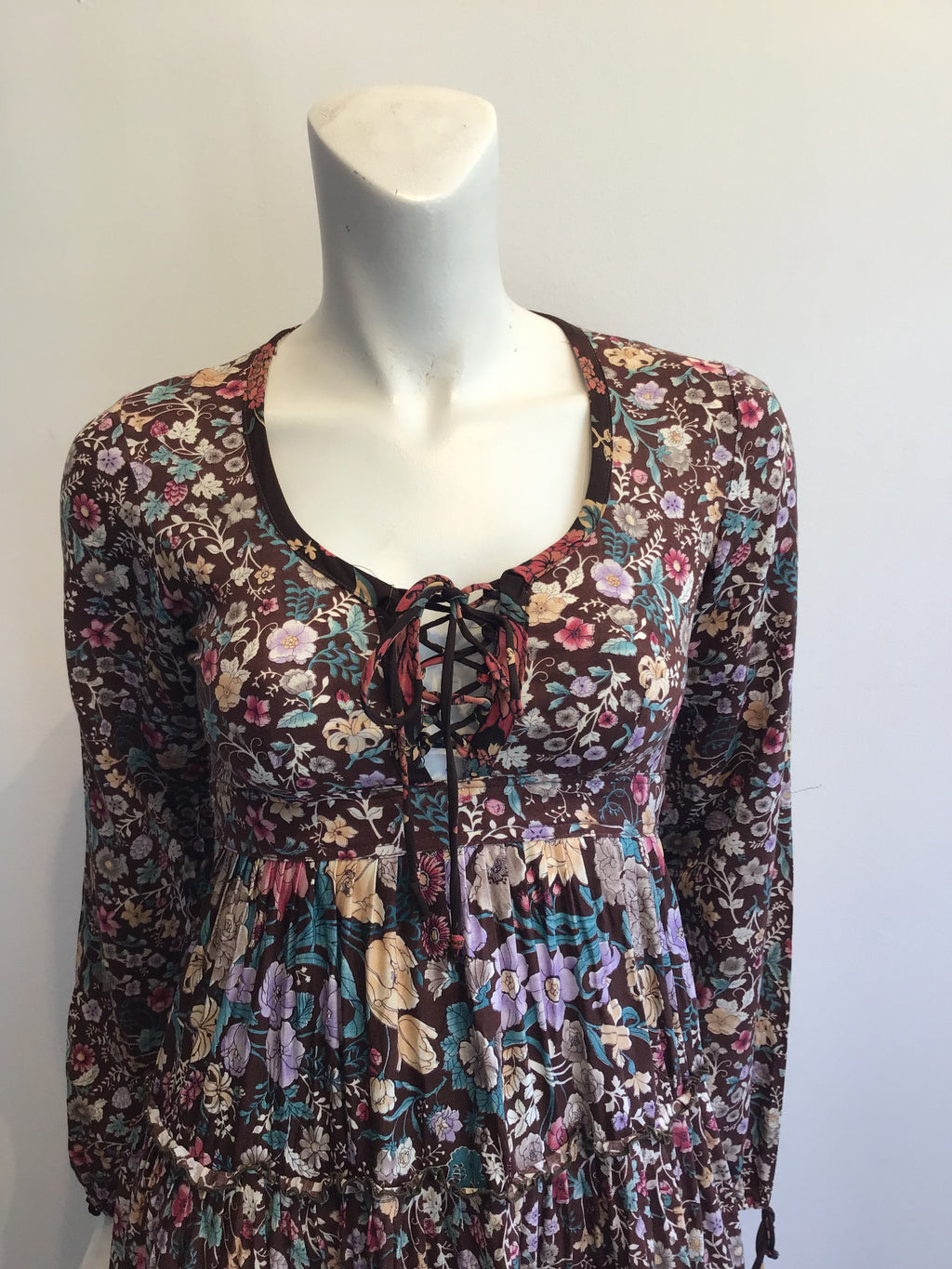 1970s Brown Floral Cotton Dress Size 4
