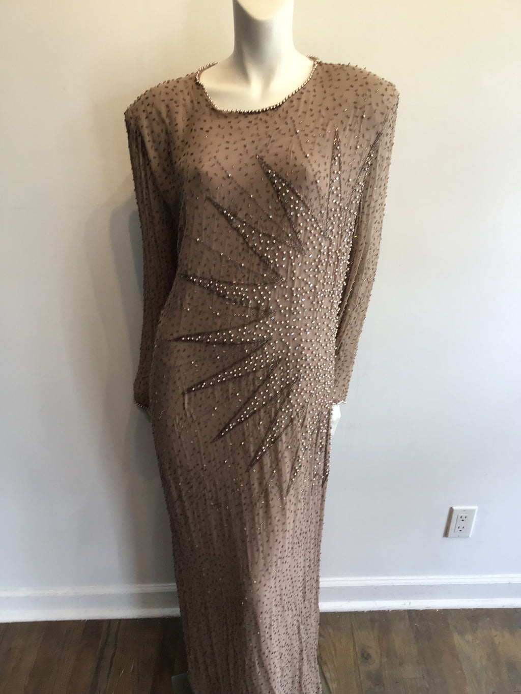 2000’s Oleg Cassini Taupe Silk Beaded Evening Dress Size 16
