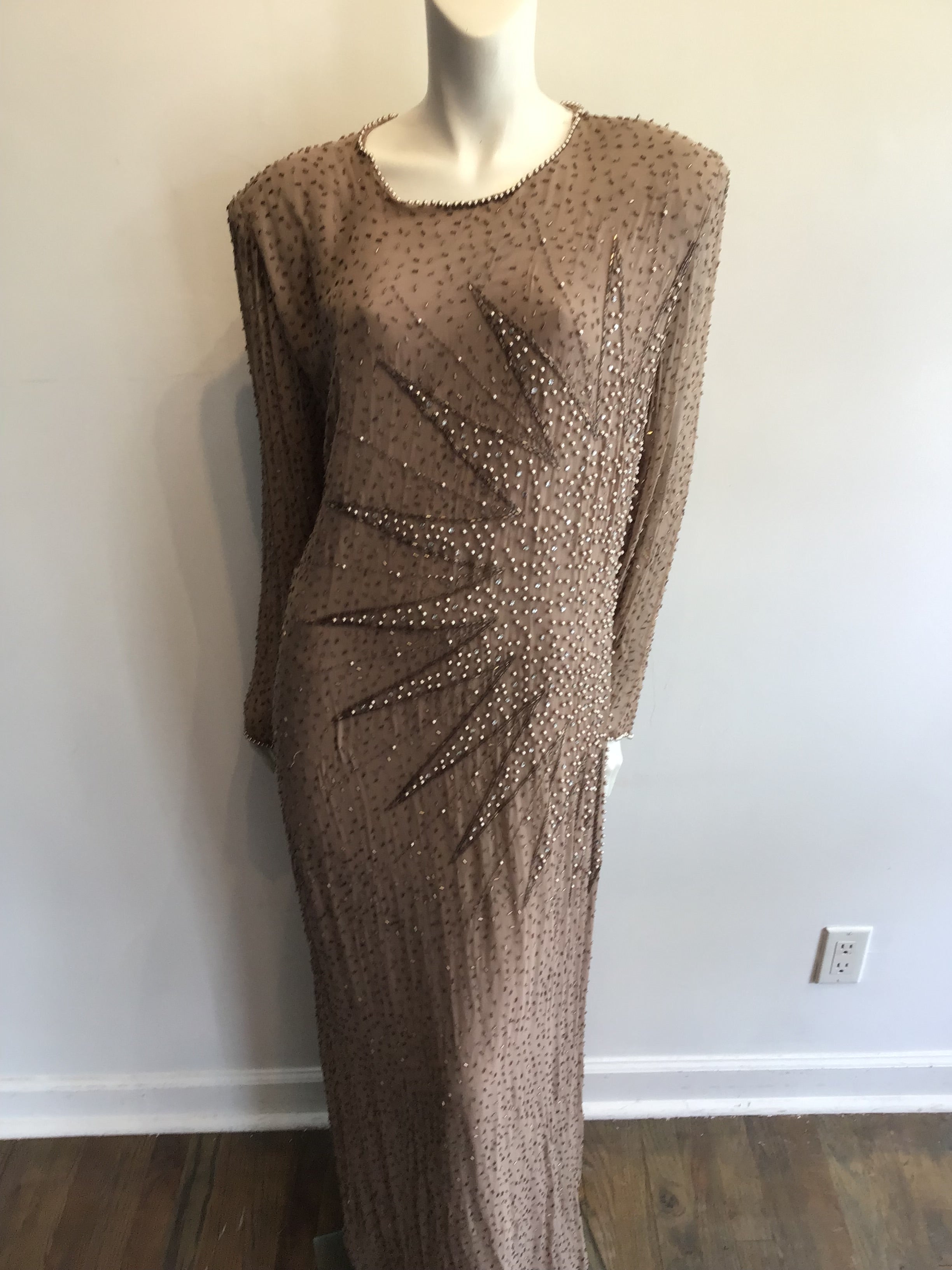 2000’s Oleg Cassini Taupe Silk Beaded Evening Dress Size 16