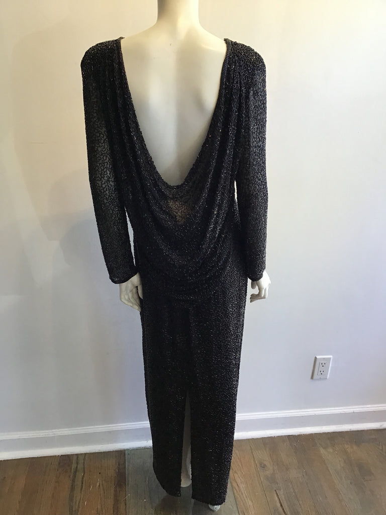 1980’s Oleg Cassini Black Beaded Silk/Rayon Evening Dress Size 10