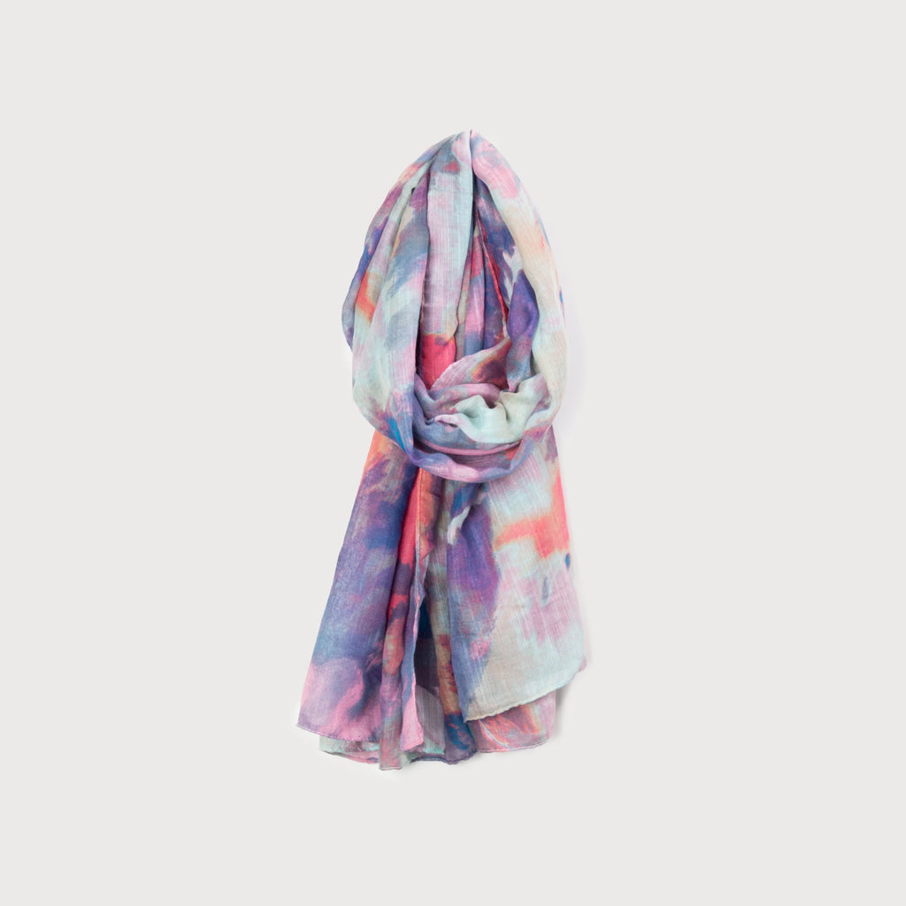 BLUE AND GREY PRINTED SCARF WITH ABSTRACT BRUSHSTROKES