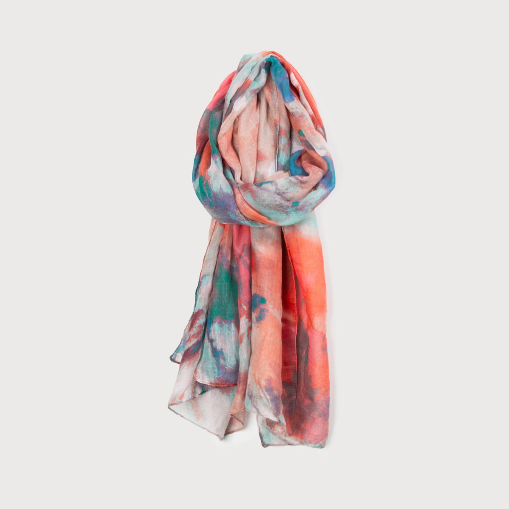 ORANGE AND TURQUOISE PRINTED SCARF WITH ABSTRACT BRUSHSTROKES