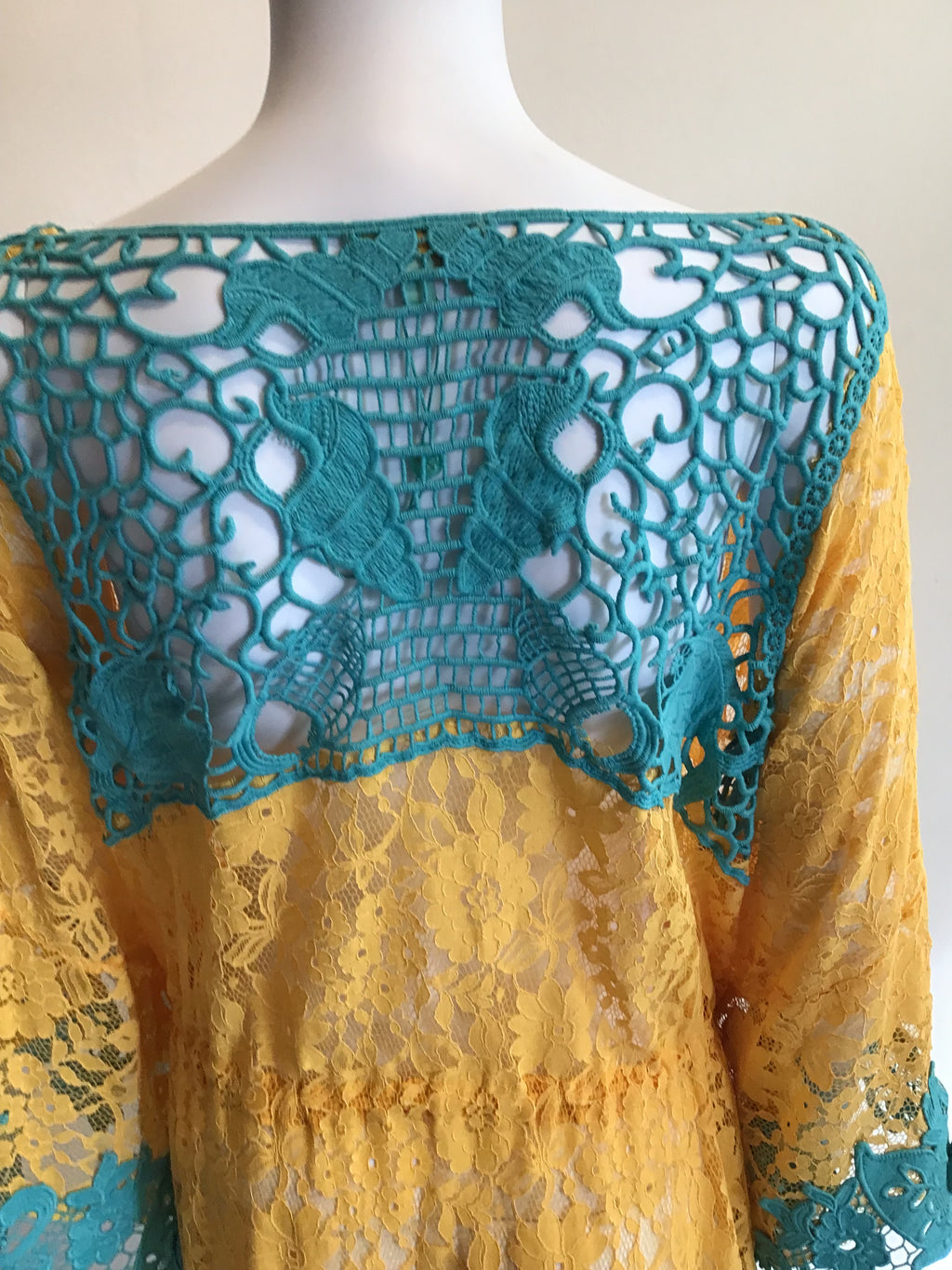 2000’s Antica Santoria Turquoise and Yellow Cotton Lace Cover Up One Size