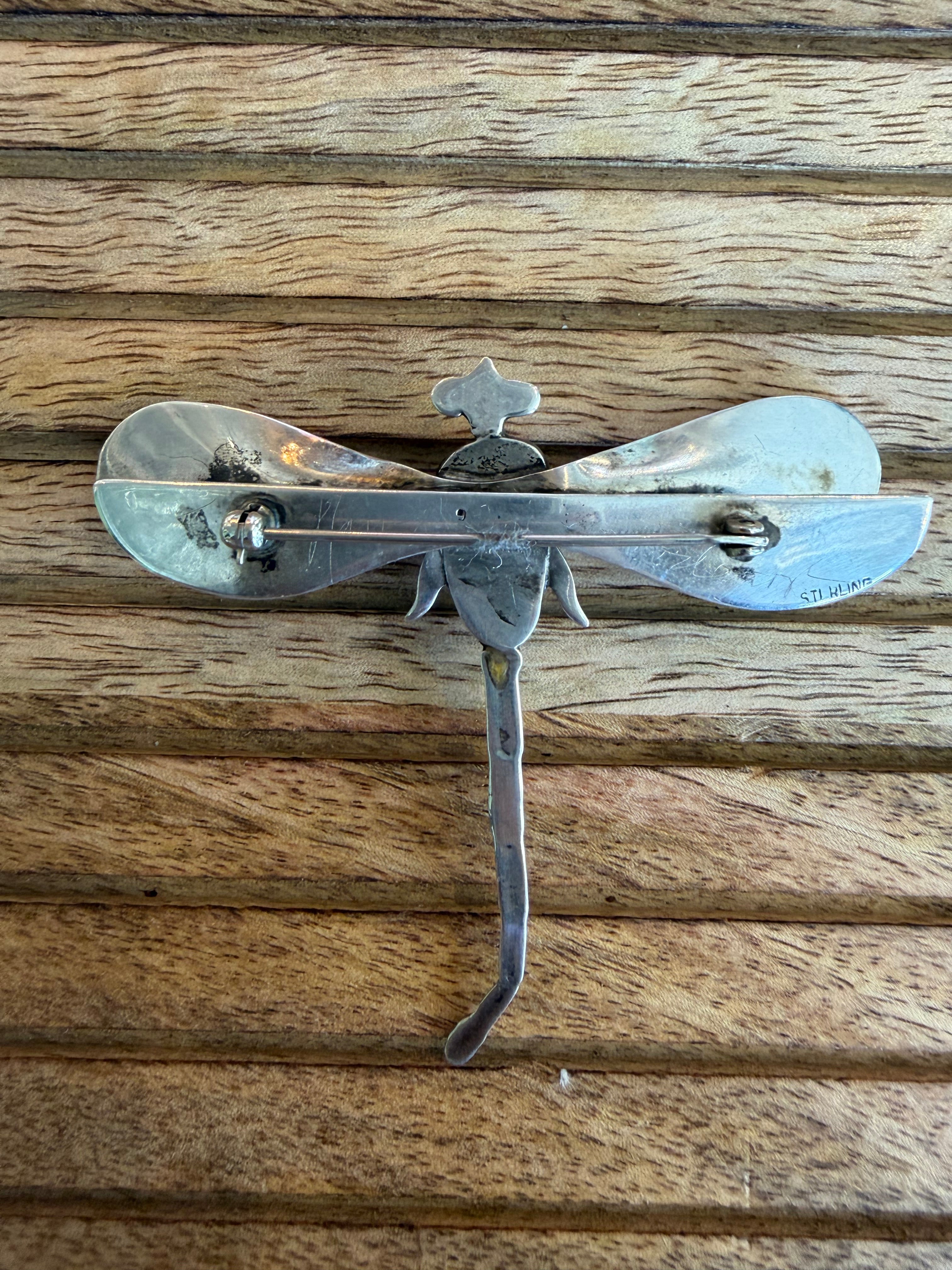Vintage 1970s Dragonfly Sterling Pin / Brooch with faux opal stone