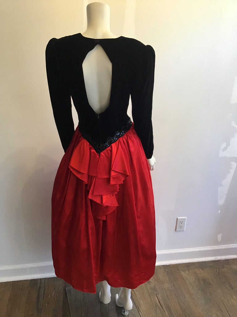 1980’s Silk Velvet Red and Black Evening Dress Size 8