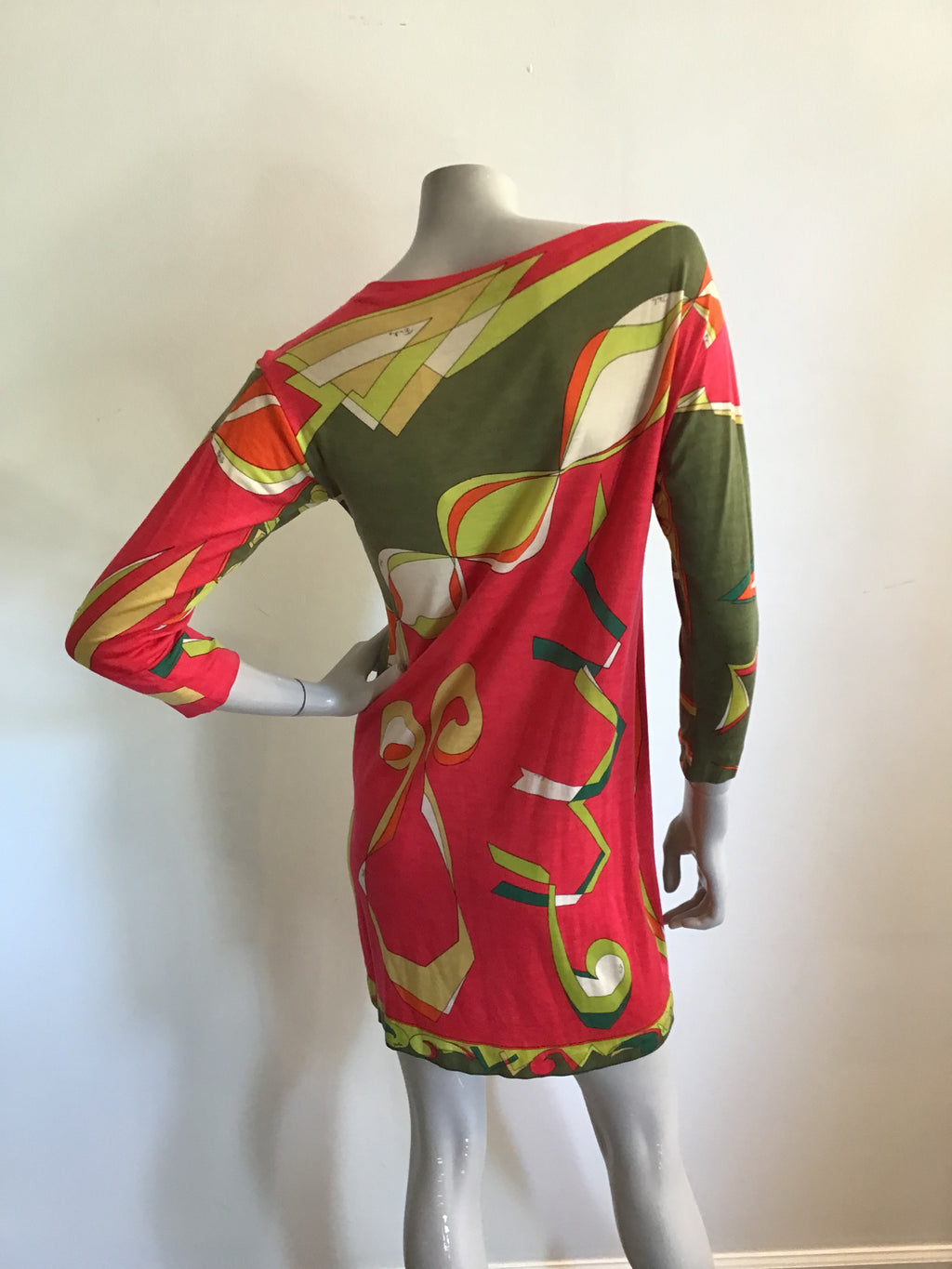 1960s Emilio Pucci Green and Red Cashmere/silk blend printed Shift Dress-size 6