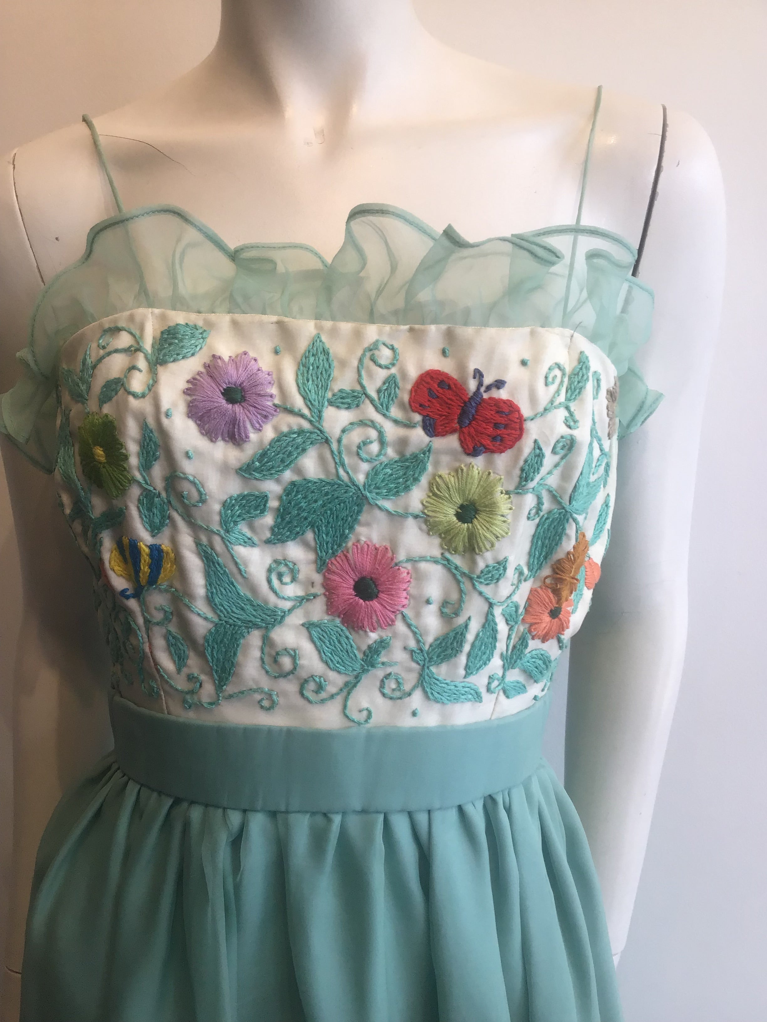 1950’s Mary O’Donnell Silk Aquamarine Blue Evening Dress Size 0/2