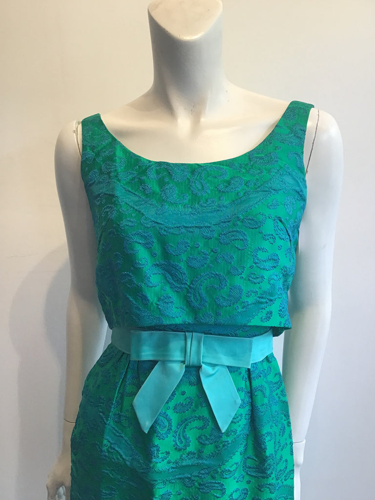 Late 1950s Green and Blue Silk Brocade Cocktail Dress Size 6