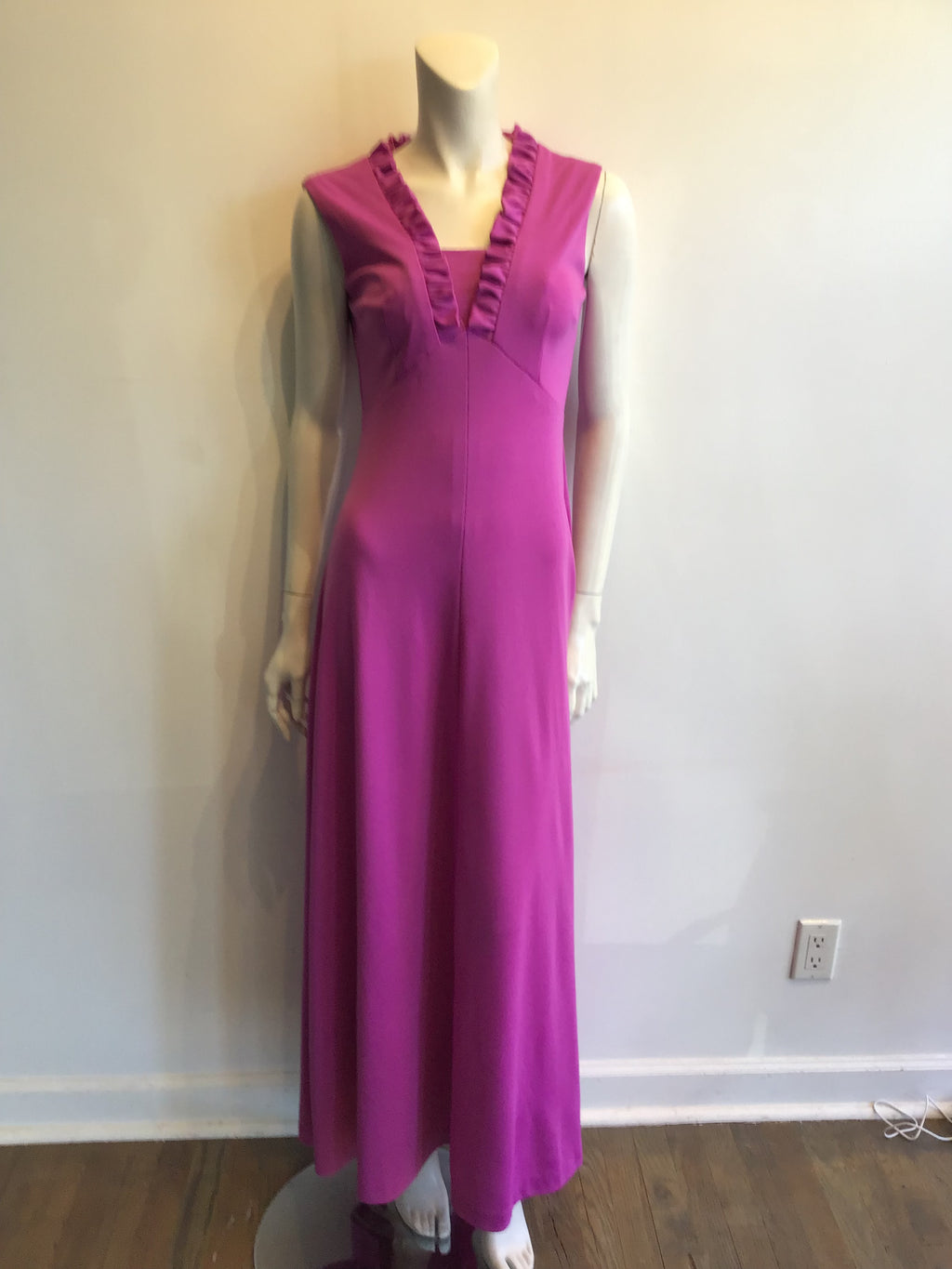1970’s Violet Polyester Maxi Drrss with Ruffled Neckline Size 8