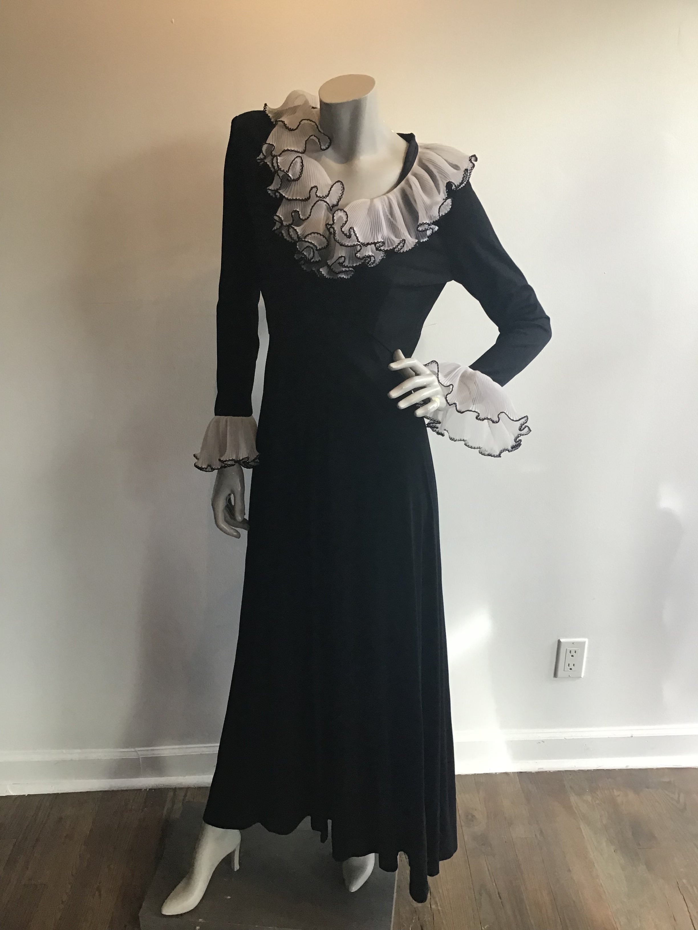 1970's Julie Miller Black Maxi Dress with White Ruffles