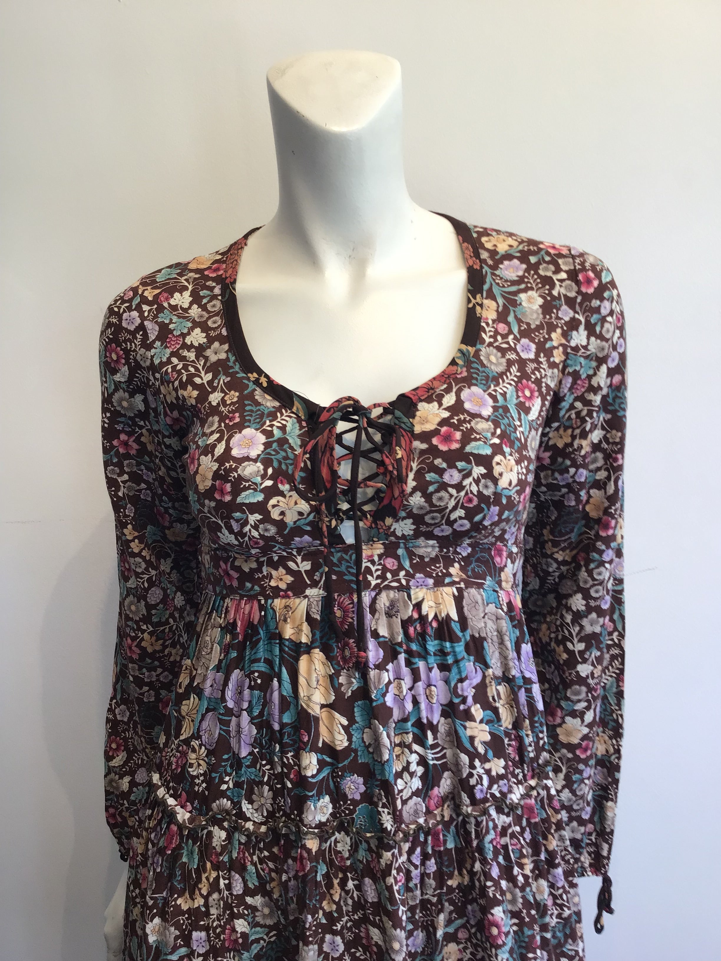 1970s Brown Floral Cotton Dress Size 4