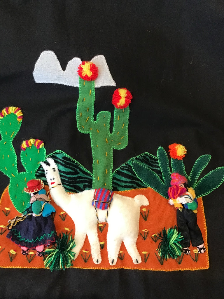 1950’s Cotton Black Skirt with South American Vignette Appliquéd Size up to 8