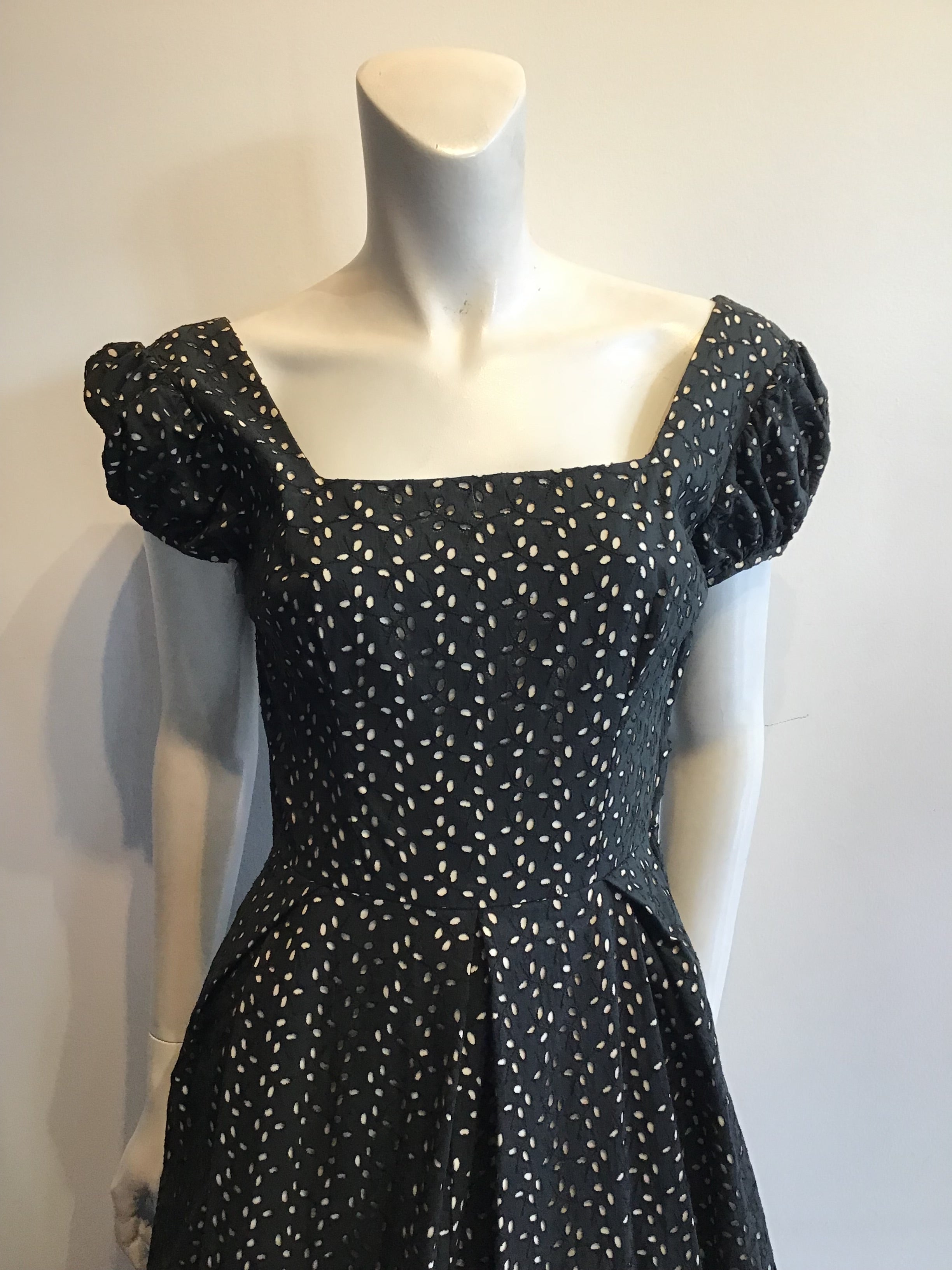 1930’s Black Cotton Eyelet Maxi Dress Size 6