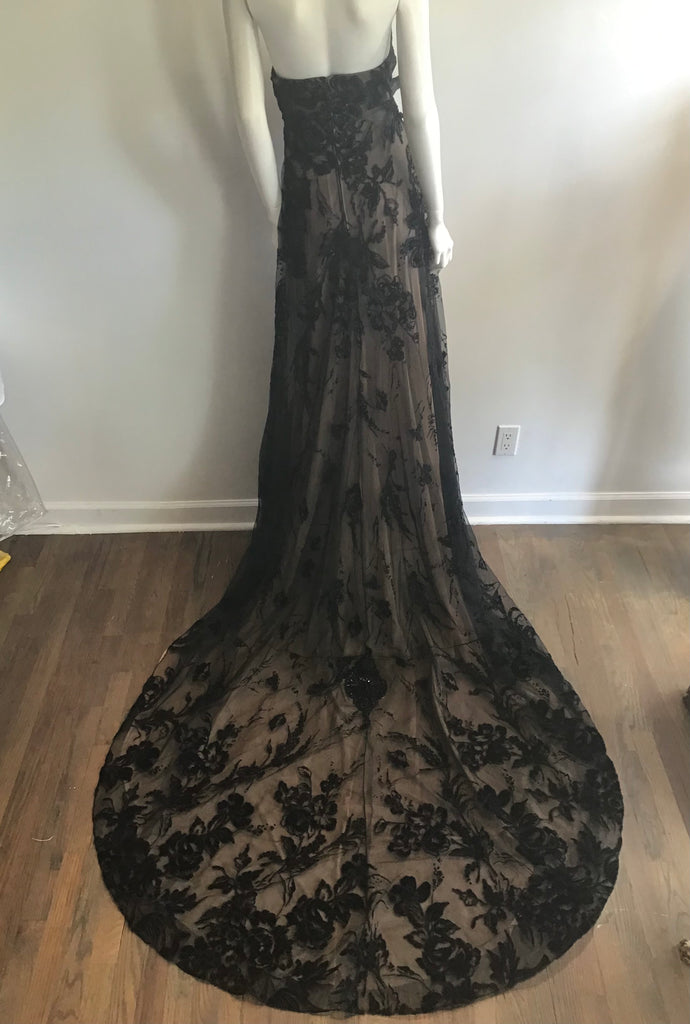 1990s Bagley Mischka Black/beige  Beaded Evening Gown with Train-10/12