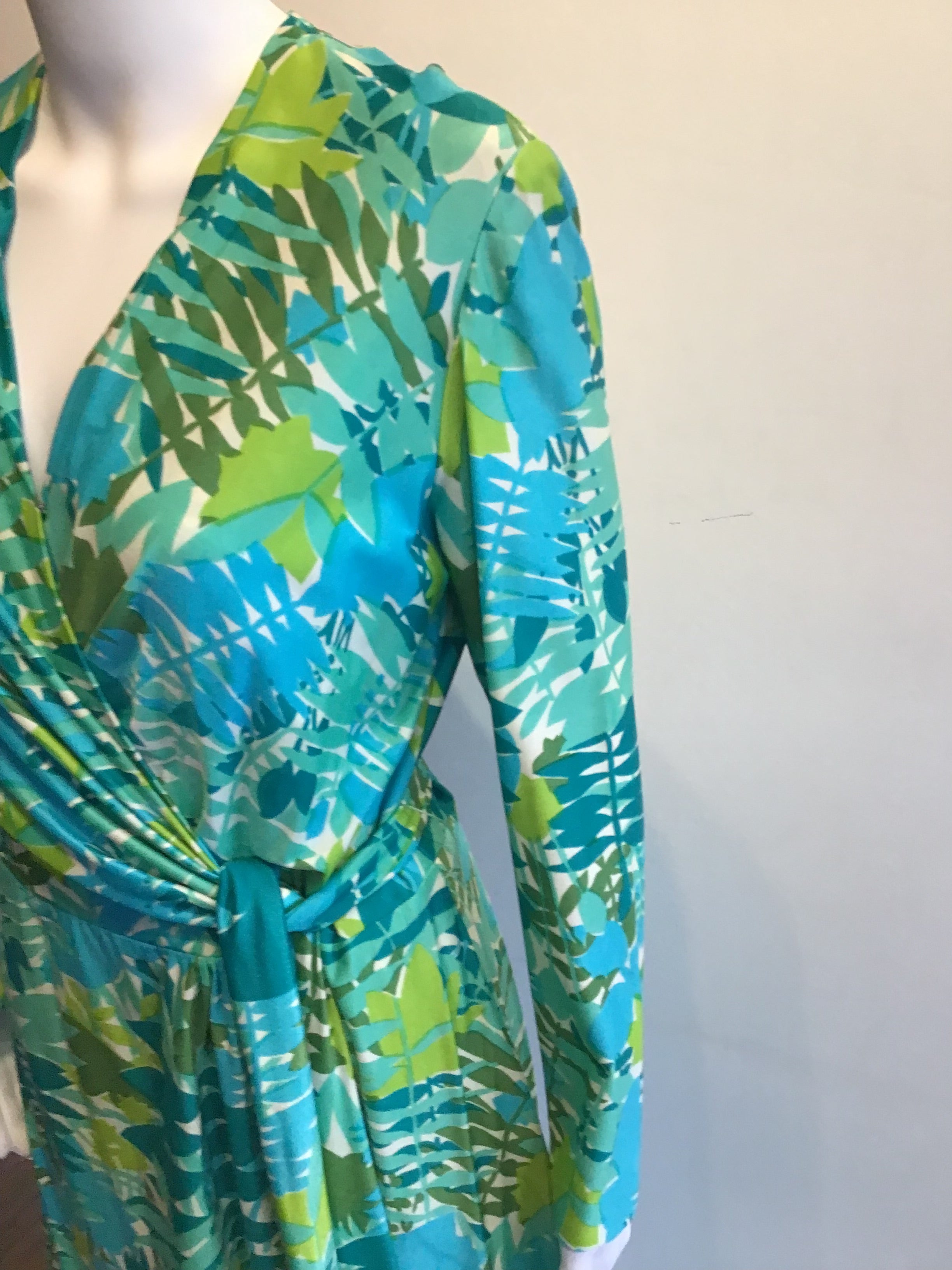 1970’s Rona Turquoise and Green Polyester Maxi Dress Size 8