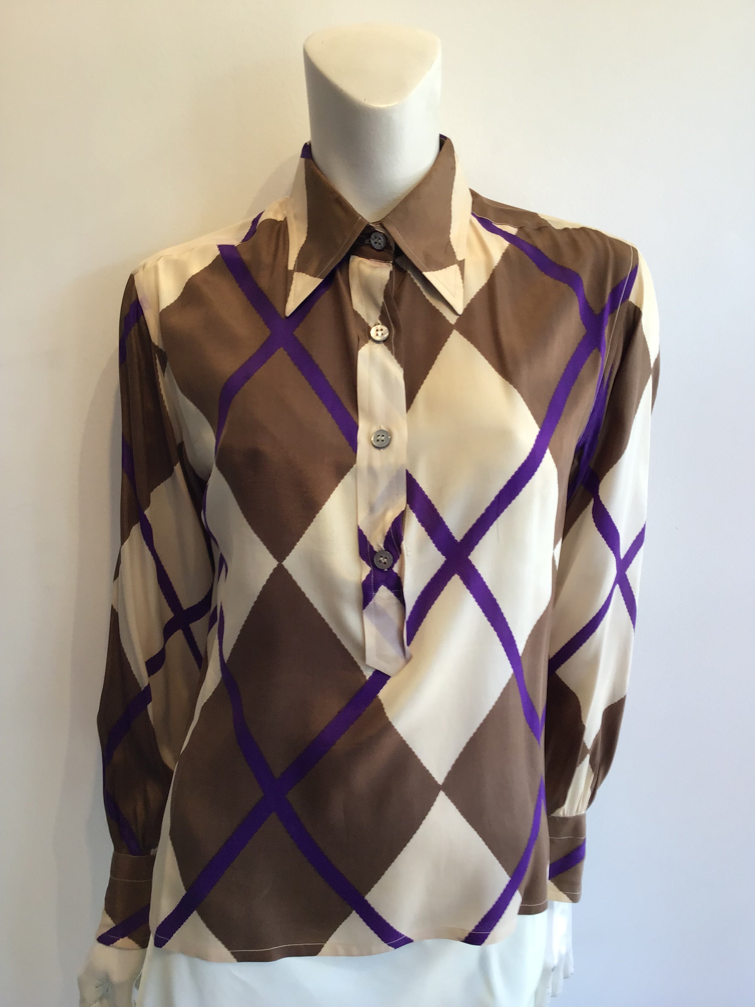 1980’s Valentino Silk Brown,Purple and White Blouse Size 8