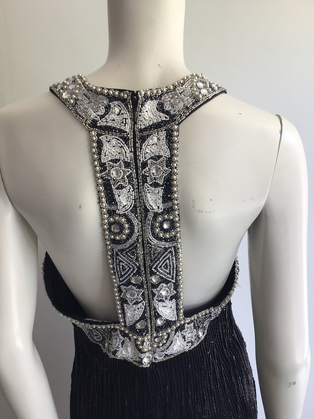 1980's Black Beaded Fringe Evening Dress Size 8