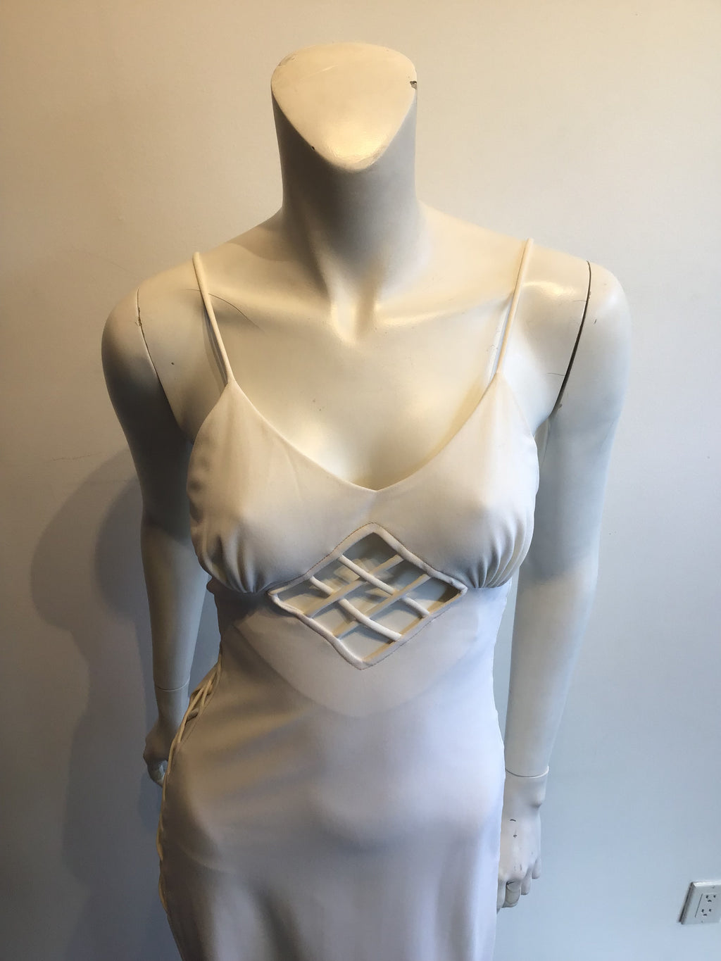 1960s Sultry Cream Rayon"Bond Girl" Dress with Crisscross Cutouts on the Sides Size 2/3