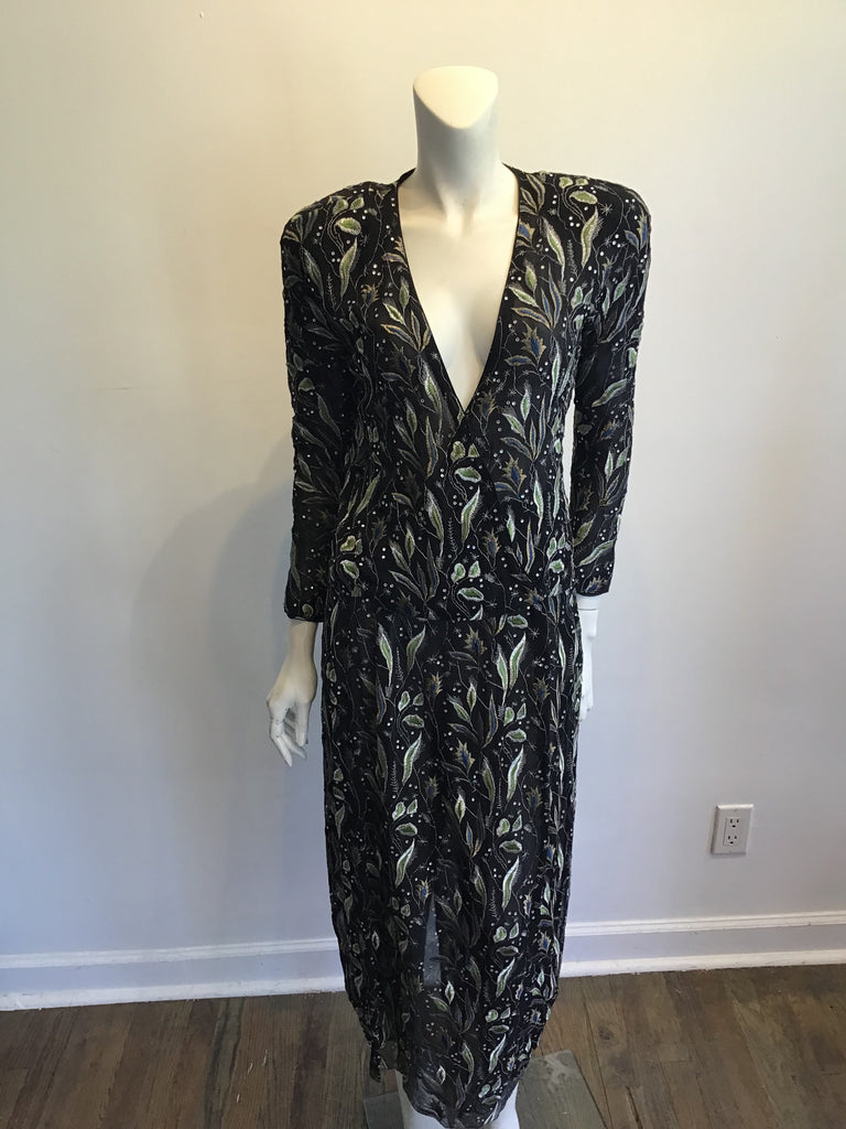 1980s 2 Piece Giorgio Armani Black,Gold and Greenembroidered  Chiffon Evening Ensemble Size 8