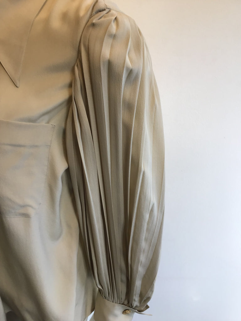 Late 1980s Valentino Taupe Silk Blouse with Pleated Sleeves Size 8