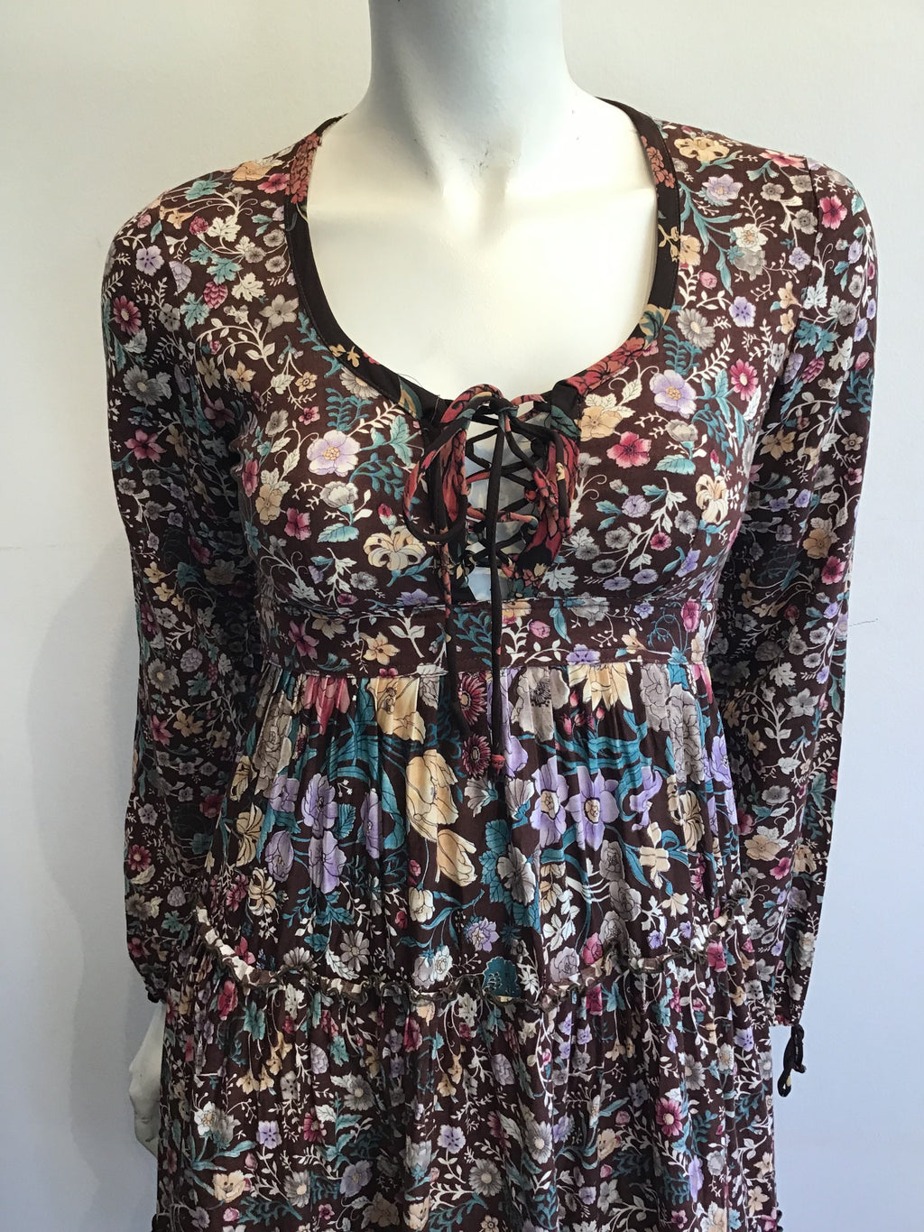 1970s Brown Floral Cotton Dress Size 4