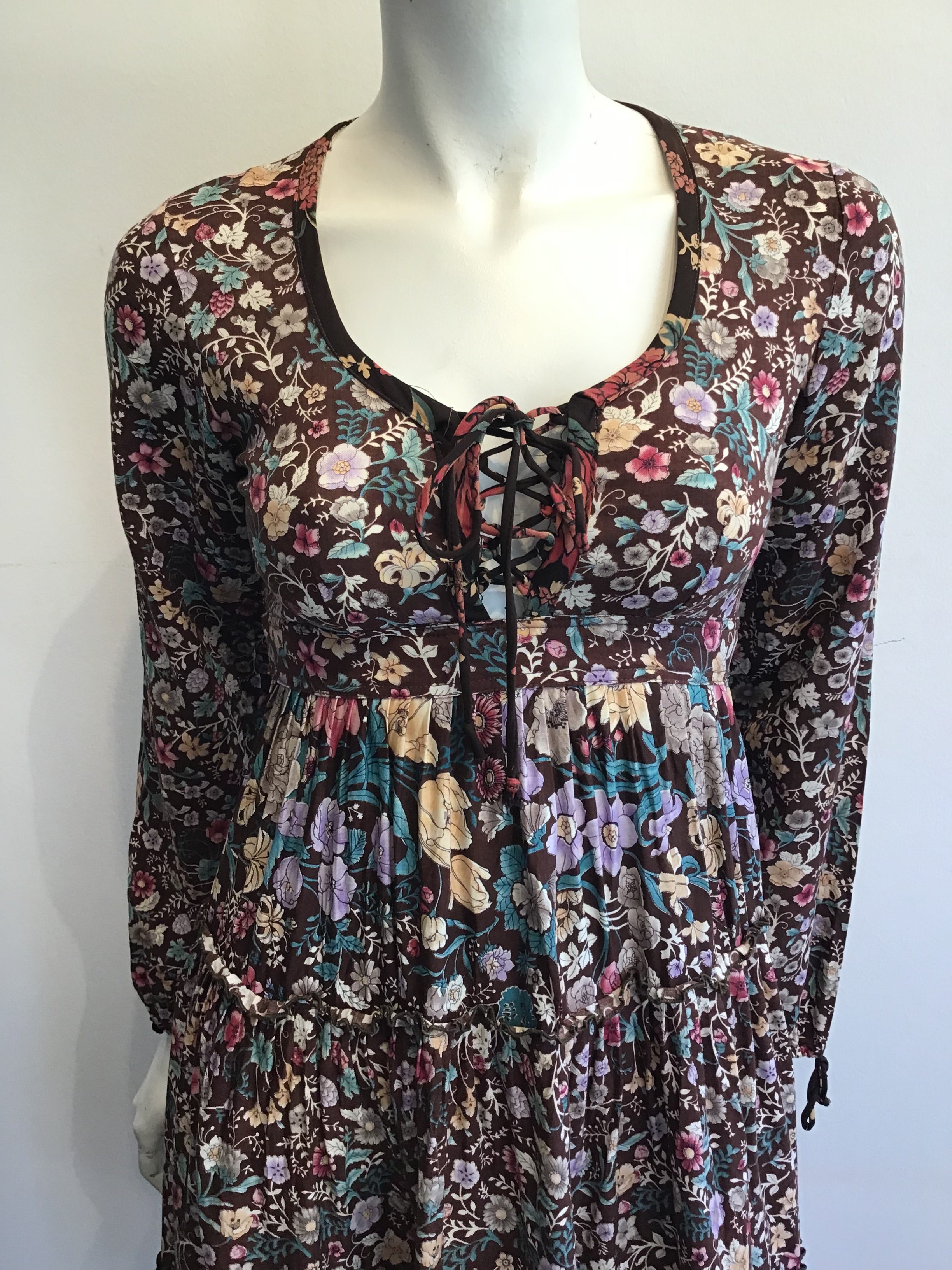 1970s Brown Floral Cotton Dress Size 4