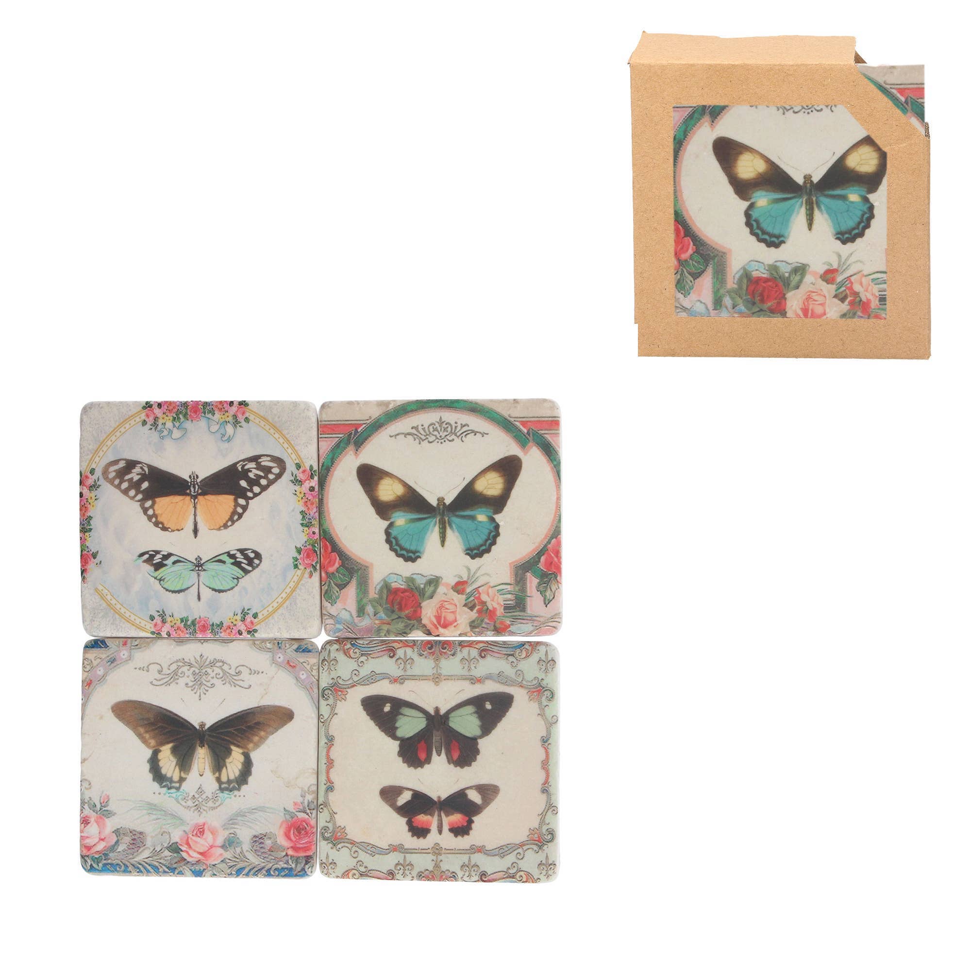 Assorted  Butterflies Resin Coasters 4x4x2in Set of Four
