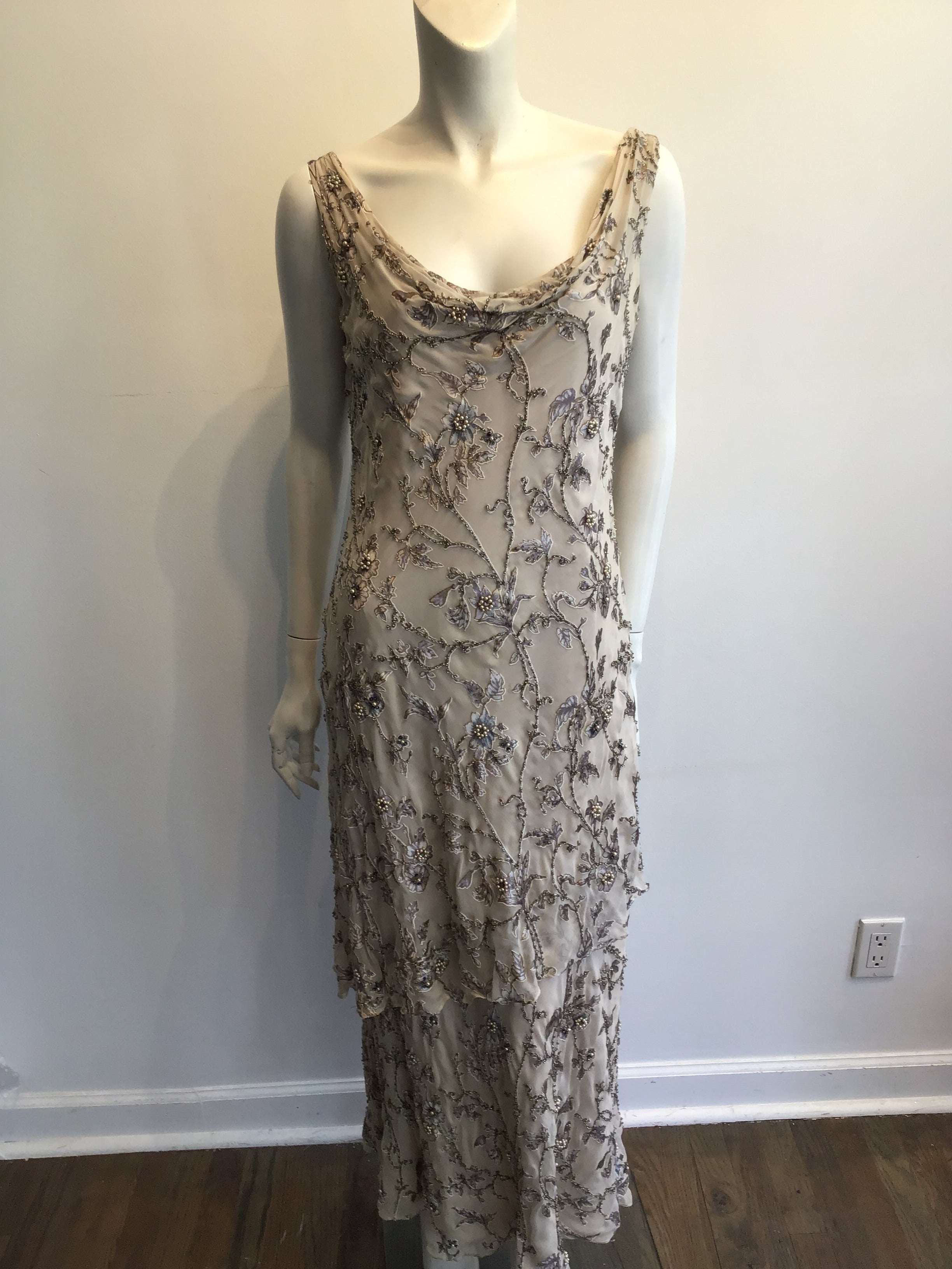 1990s Victoria Royal Taupe Silk Evening Gown Size 16