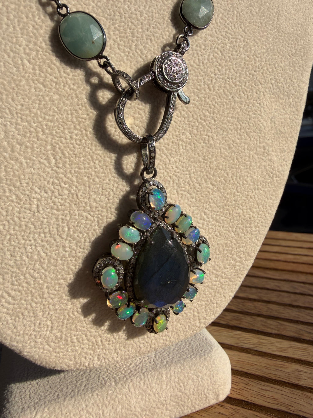 Large Labradorite with Fire Opals & Diamonds, Sterling Silver Pendant Necklace