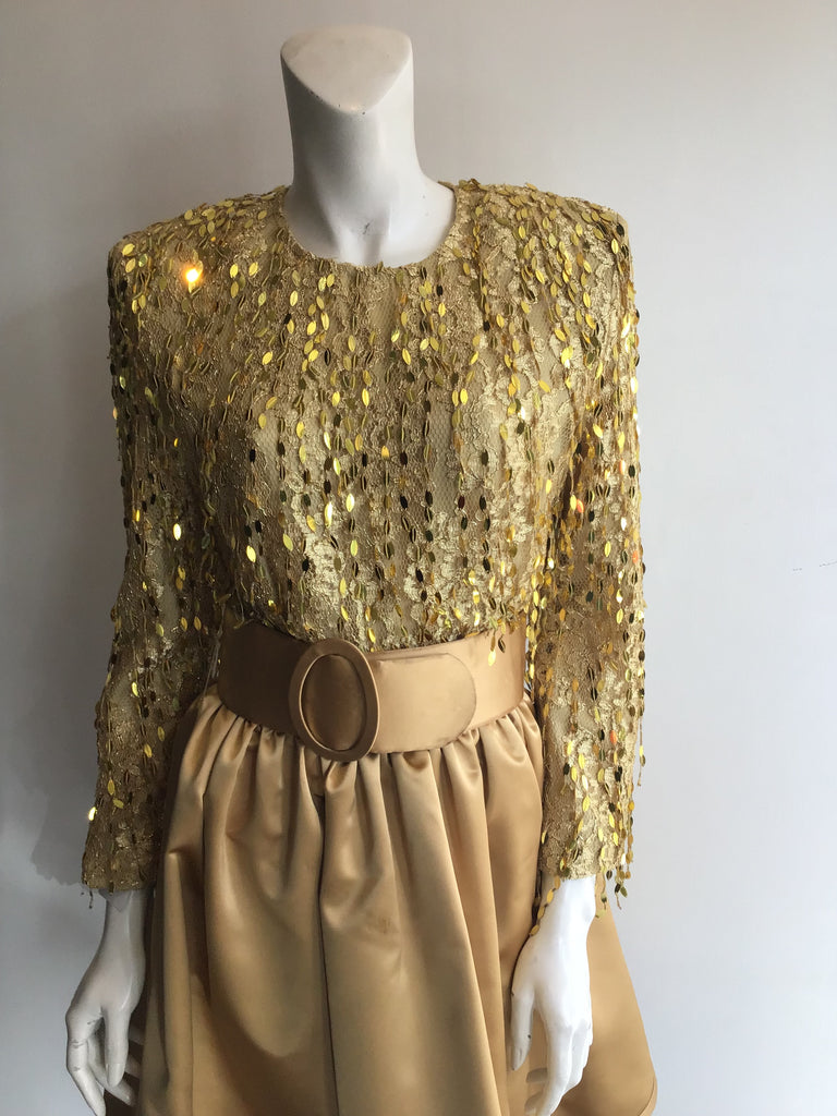1991 Bill Blass Gold Rayon Blend Sequined Dress Size 8